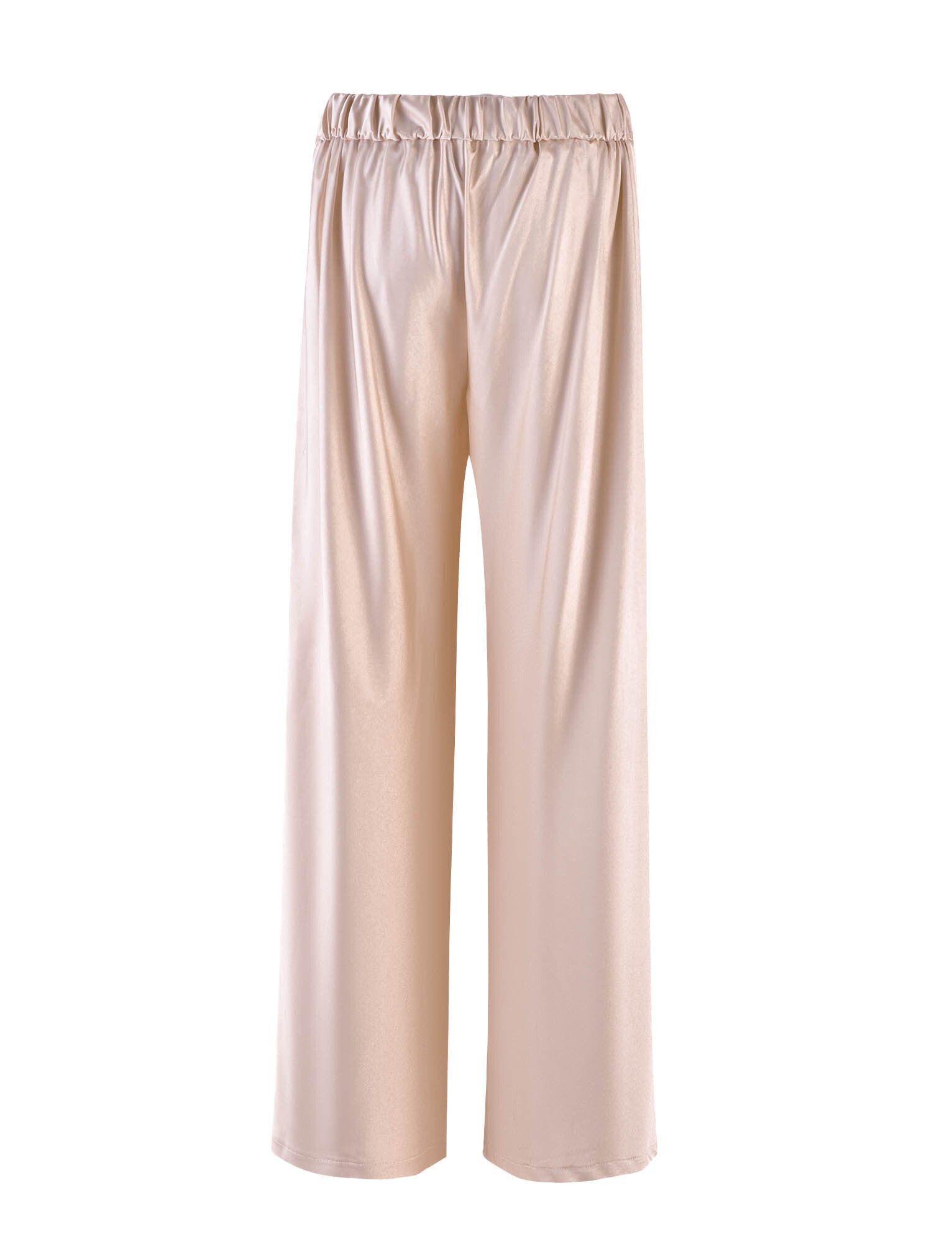 A pair of wide-leg pants in ivory by TIGERMIST, named the ALINA PANT - WHITE, features an elastic waistband. The fabric is smooth and flowy, promising a relaxed and comfortable fit. The pants are displayed against a plain white background.