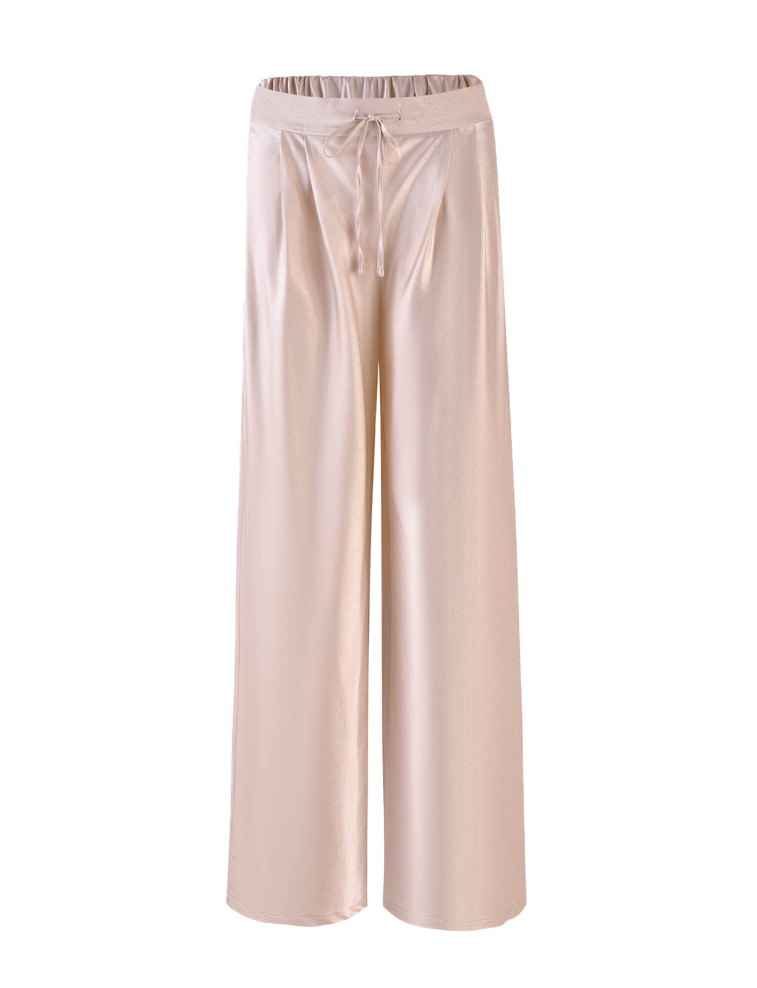 A pair of the ALINA PANT in white ivory from TIGERMIST is shown. The pants feature an elastic waistband with a drawstring, creating a casual yet elegant look. The fabric appears smooth and slightly shiny, enhancing the luxurious feel of the garment.
