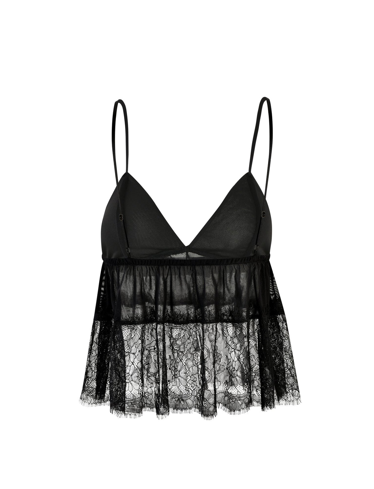 The SINGE TOP - BLACK from TIGERMIST is a black, sheer lace bralette with thin adjustable straps. It features a soft triangle cup design and a lacy, scalloped hem on a slightly flared bottom.