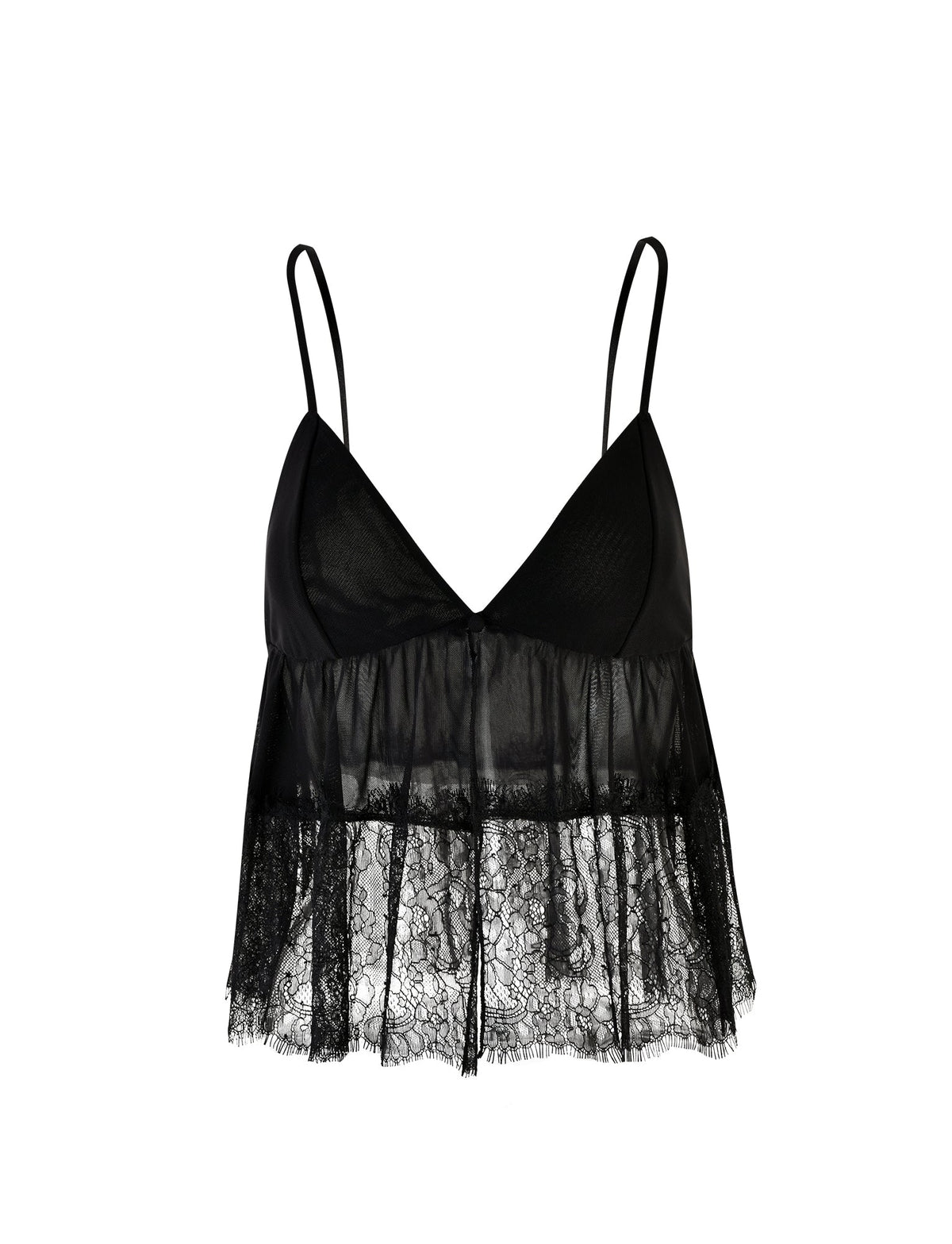The SINGE TOP - BLACK from TIGERMIST is a black lace camisole crafted with delicate, sheer material and features two thin spaghetti straps. It boasts an intricate lace design at the bottom hem, imparting a feminine and elegant look. The top also includes a V-neckline and a semi-transparent midsection for added allure.