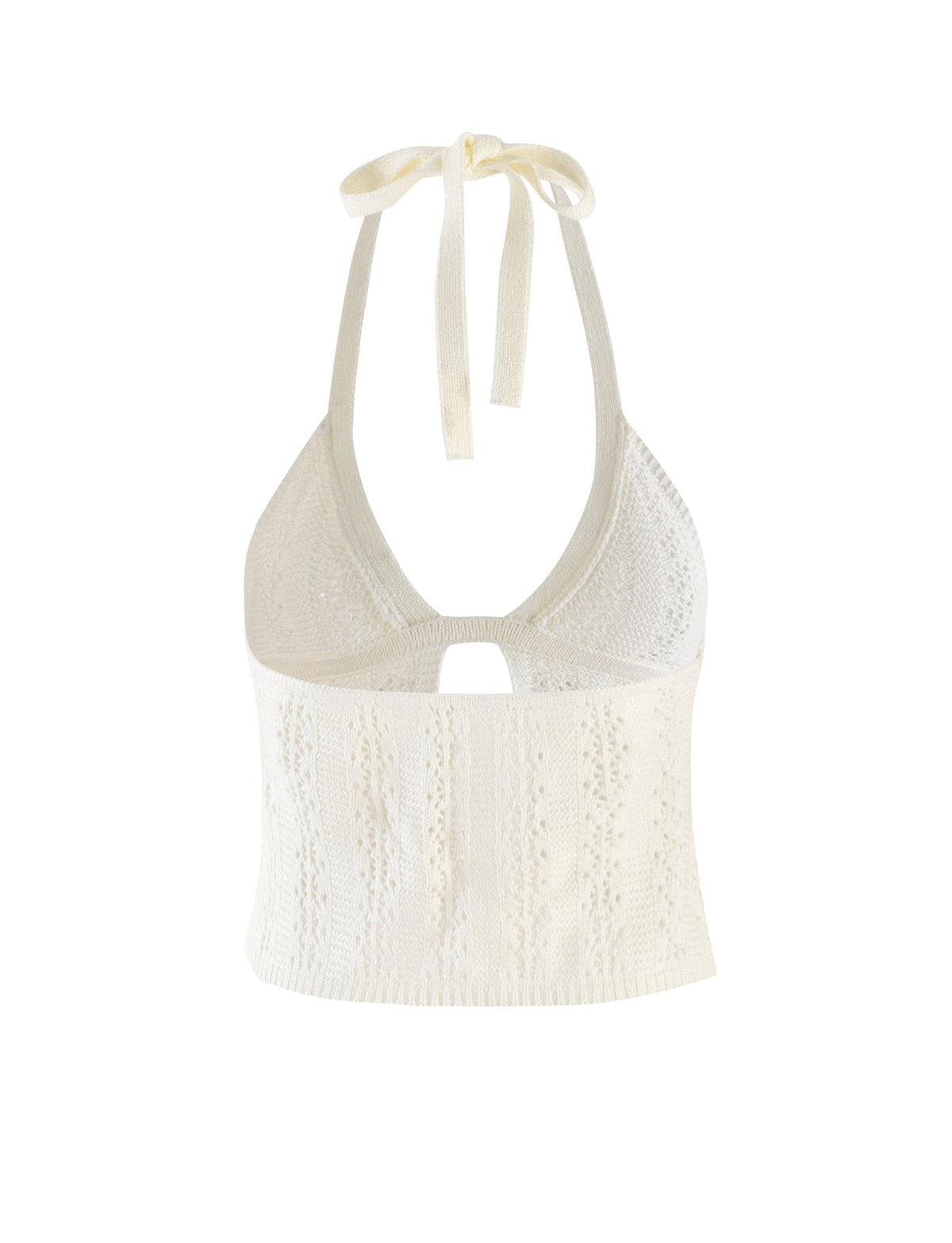The SANDOR TOP - WHITE from TIGERMIST is a captivating halter crop top that features an intricate knitted pattern. This stylish piece includes a keyhole cutout beneath the bust and ties elegantly behind the neck, making it a unique addition to any wardrobe.