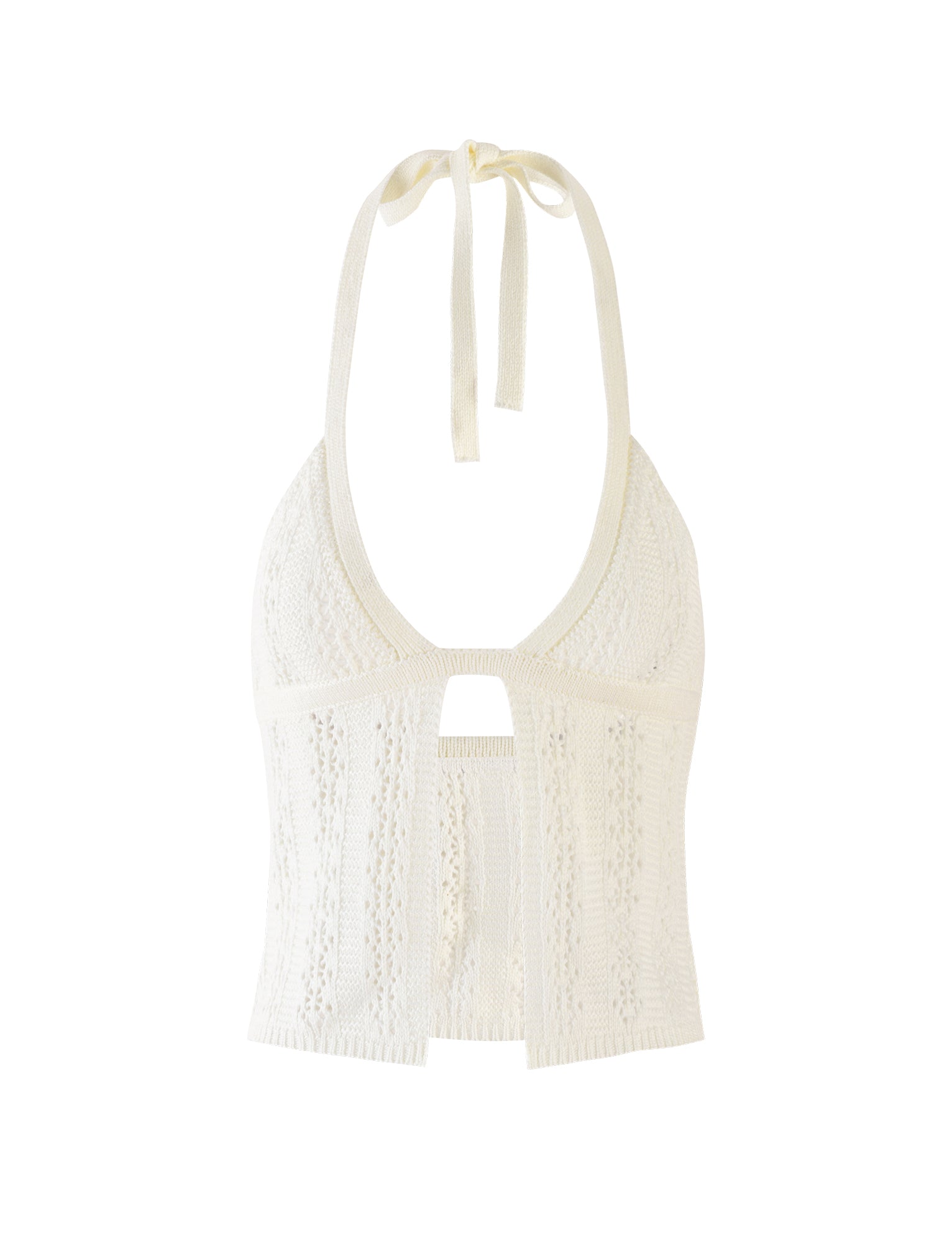 Introducing the SANDOR TOP - WHITE by TIGERMIST: a stunning white knitted halter top featuring a charming bow tie at the neck, a keyhole cutout elegantly placed just below the chest, intricate crochet-like detailing throughout, and an alluring open back design.