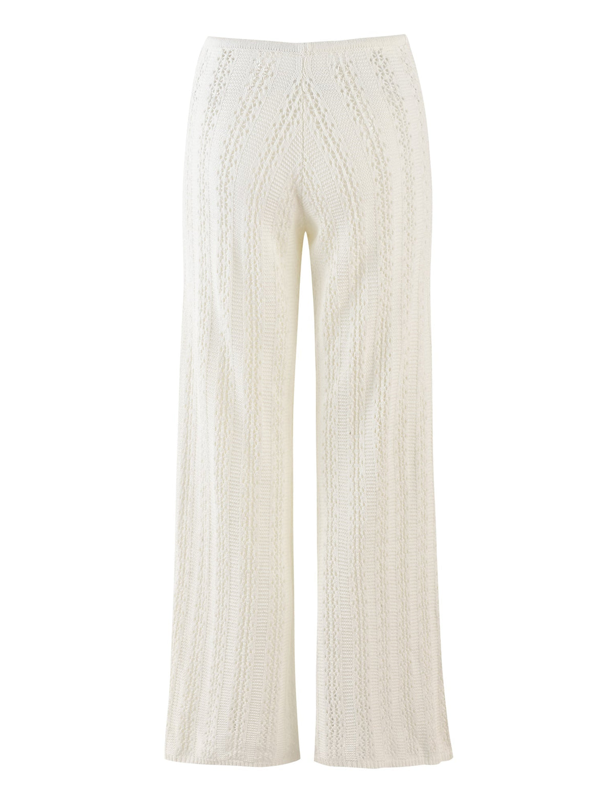 The SANDOR PANT - WHITE from TIGERMIST features a subtle chevron pattern running vertically along the fabric. These knit pants have a high waist and wide legs, offering a relaxed and comfortable fit.
