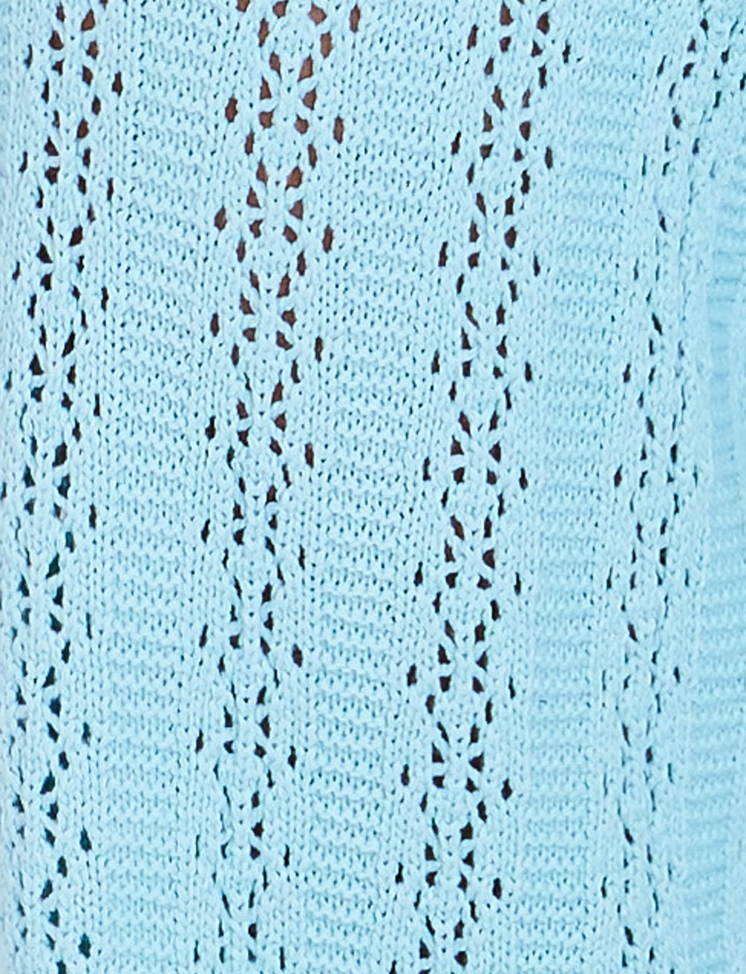 Light blue knitted fabric with a lace pattern featuring delicate, repeating floral designs and small holes. The texture appears soft and cozy, perfect for garments or accessories from TIGERMIST’s SANDOR PANT - BABY BLUE collection.