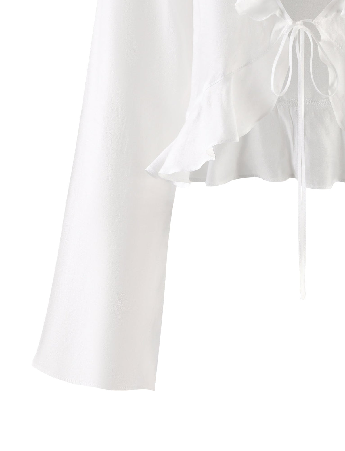 The Tigermist Corvin Top in white is a long-sleeve blouse featuring a ruffled, cropped hem and a tie detail at the neckline.