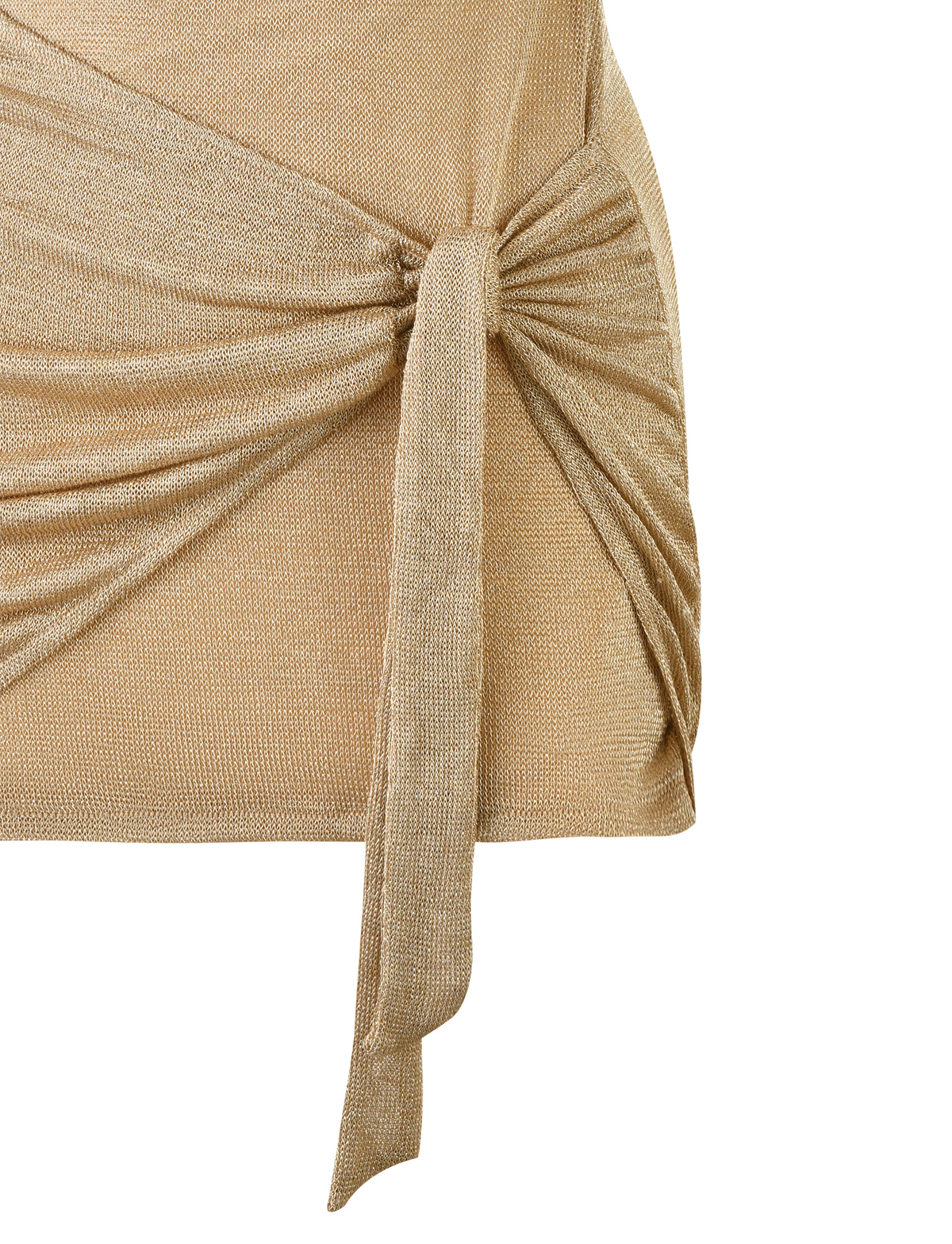 Close-up of the TIGERMIST AZELMA DRESS in gold, featuring metallic knit fabric with a shimmery finish, side tie detail, and gathered ruching for soft folds and a fitted silhouette.