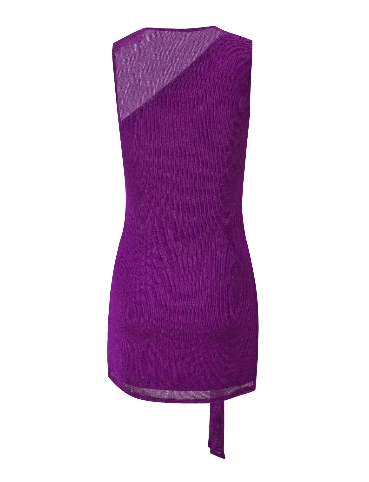 The AZELMA DRESS by TIGERMIST is a sleeveless purple knit piece with a fitted silhouette, asymmetrical neckline and hem, and a sheer mesh-like panel on one shoulder. Shown from the back against a white background.