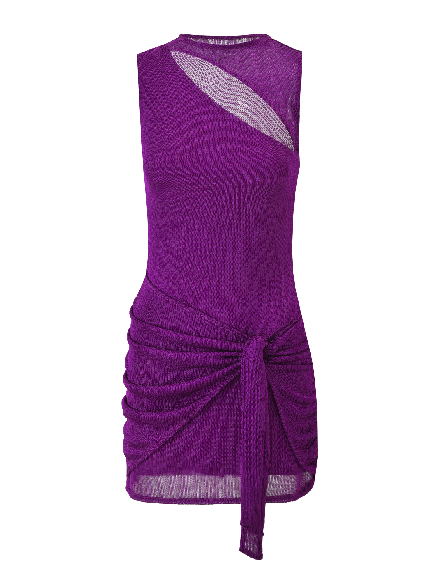 The AZELMA DRESS - PURPLE by TIGERMIST is a sleeveless mini dress featuring a fitted silhouette, asymmetrical sheer mesh chest panel, waist knot detail, and gathered hip fabric for a flattering look.