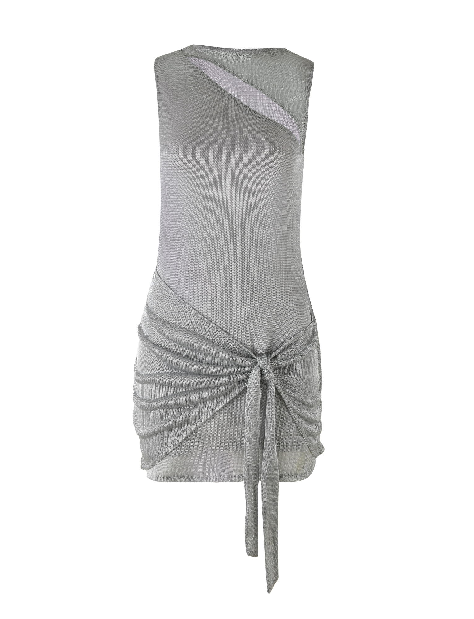 The TIGERMIST AZELMA DRESS - SILVER features a sleeveless design, asymmetrical neckline cutout, front-tied waist knot, fitted silhouette, sarong-style skirt, and modern textured fabric for a contemporary look.