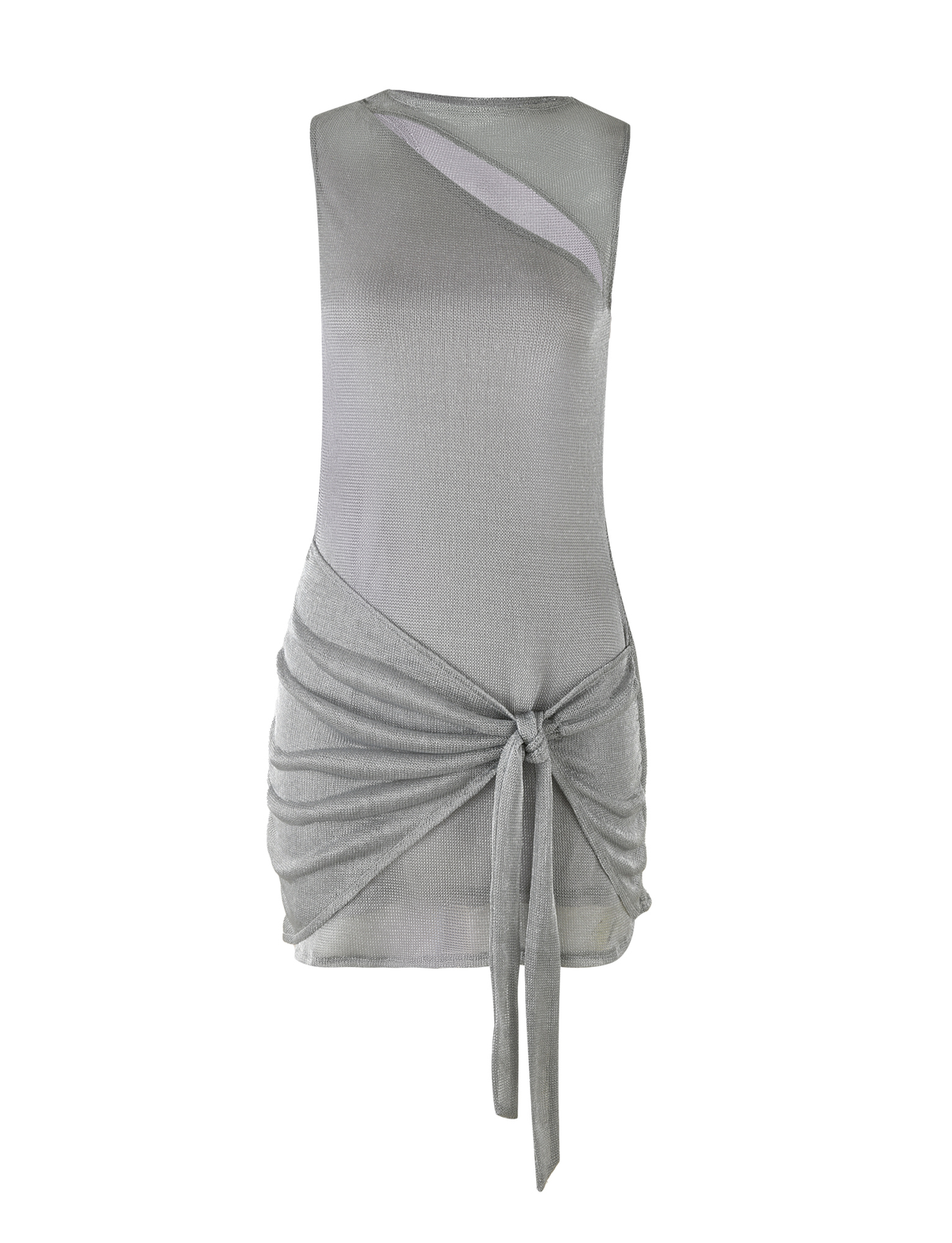 The TIGERMIST AZELMA DRESS - SILVER features a sleeveless design, asymmetrical neckline cutout, front-tied waist knot, fitted silhouette, sarong-style skirt, and modern textured fabric for a contemporary look.