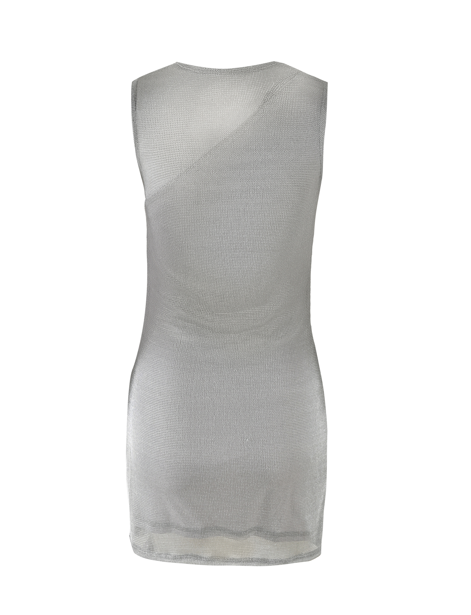 The sleeveless TIGERMIST AZELMA DRESS - SILVER features a semi-sheer metallic knit, simple straight cut, minimal detailing, and subtle sarong-style skirt elements, shown from the back.