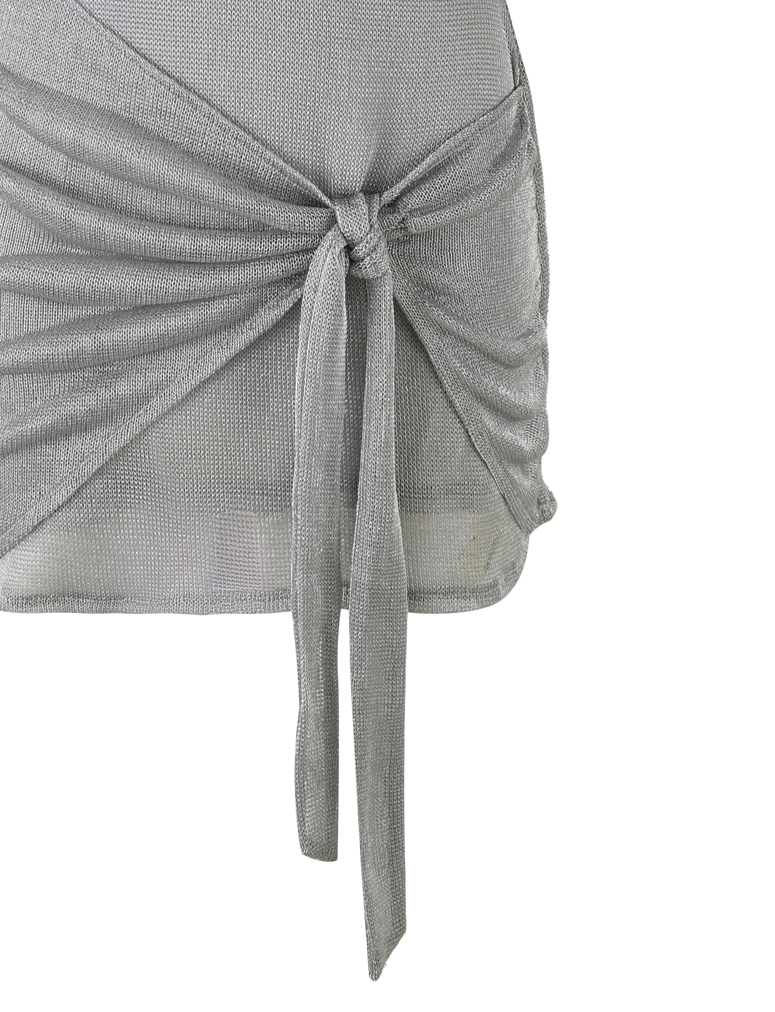 A close-up of the AZELMA DRESS - SILVER by TIGERMIST, showcasing its silver metallic knit texture, front waist tie detail, draped fabric, and slightly sheer look.