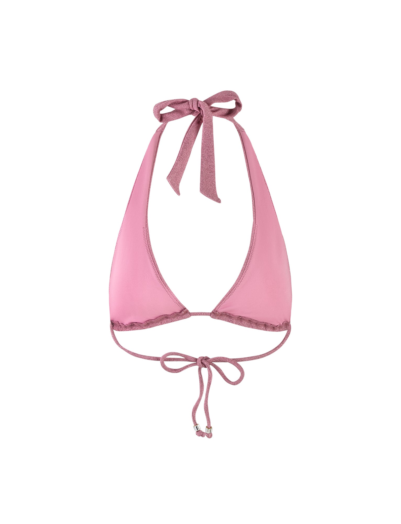 A TIGERMIST MARIEL BIKINI TOP - PINK SPARKLE features a pink halter design with ties at the neck and back, forming a decorative bow. This bikini top has triangle-shaped cups and an elegant, minimalistic look, making it perfect for swimwear.