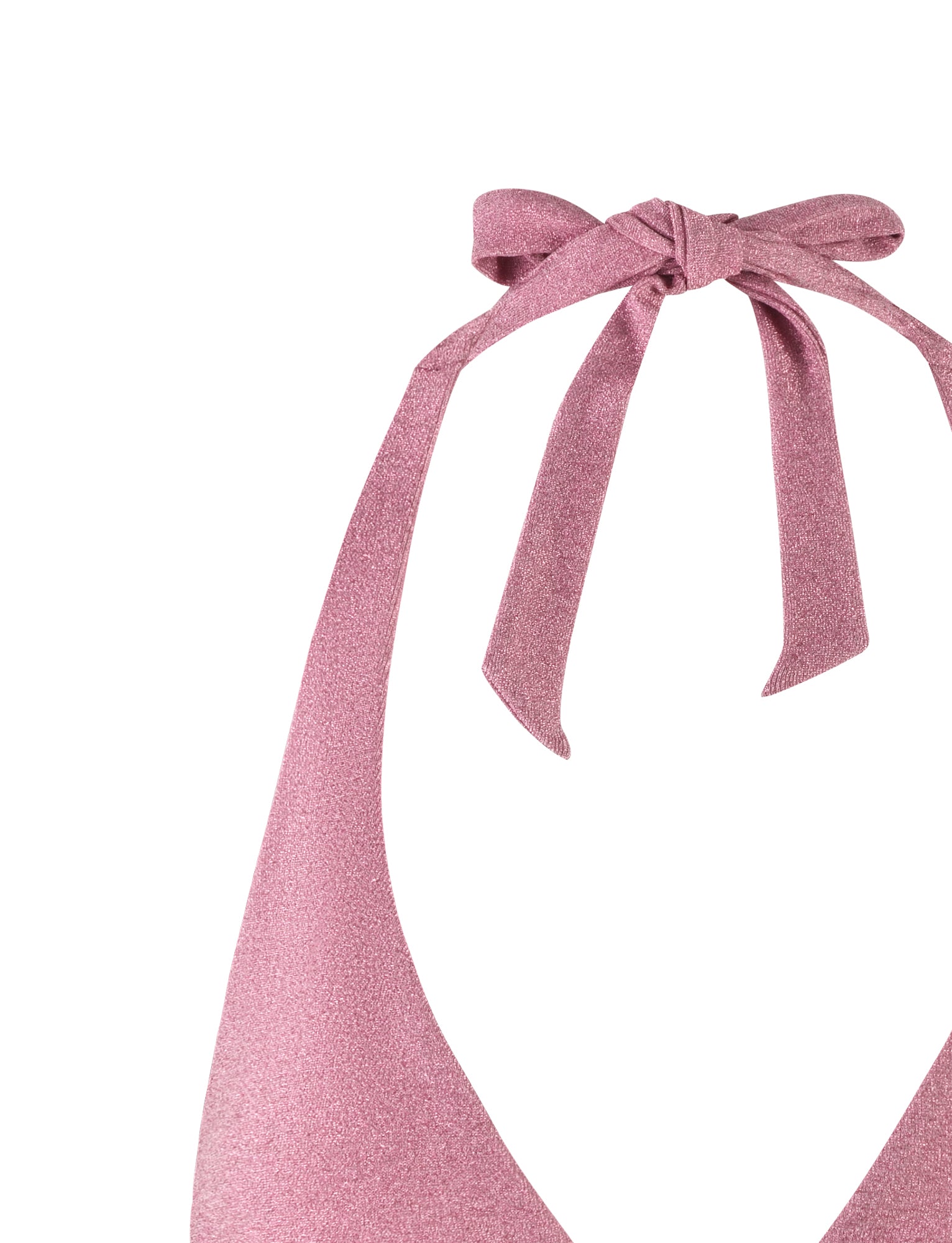Close-up of the MARIEL BIKINI TOP - PINK SPARKLE from TIGERMIST, highlighting the neck tie detail. The fabric has a sparkly texture, and the top is shown against a plain white background.