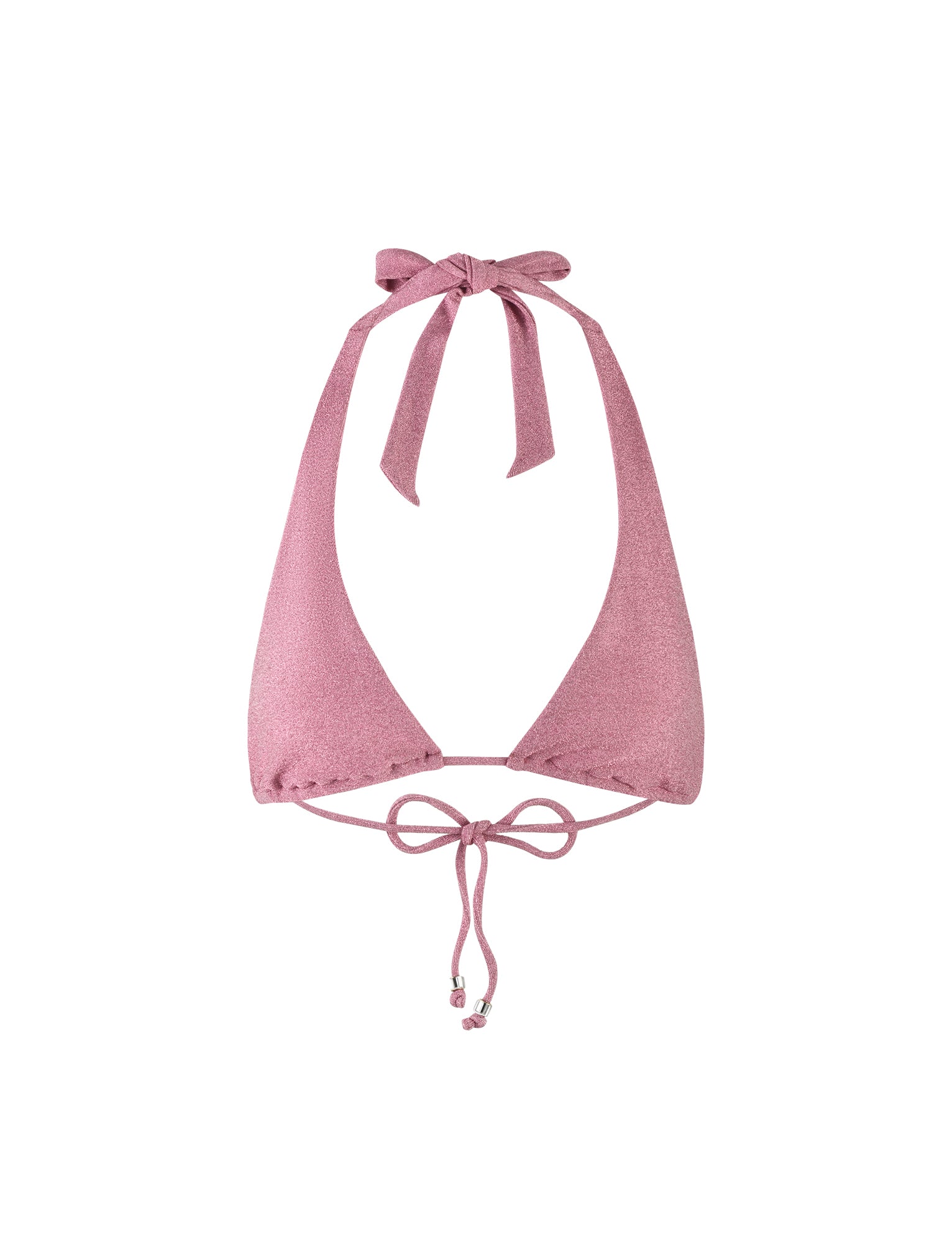 Introducing the MARIEL BIKINI TOP by TIGERMIST: A pink PINK SPARKLE bikini top with adjustable tie strings. The halter neck strap ties at the back of the neck with a bow, and the bottom strap ties around the back with a smaller bow. The fabric features a slightly sparkly or textured finish that adds an extra touch of glamour.
