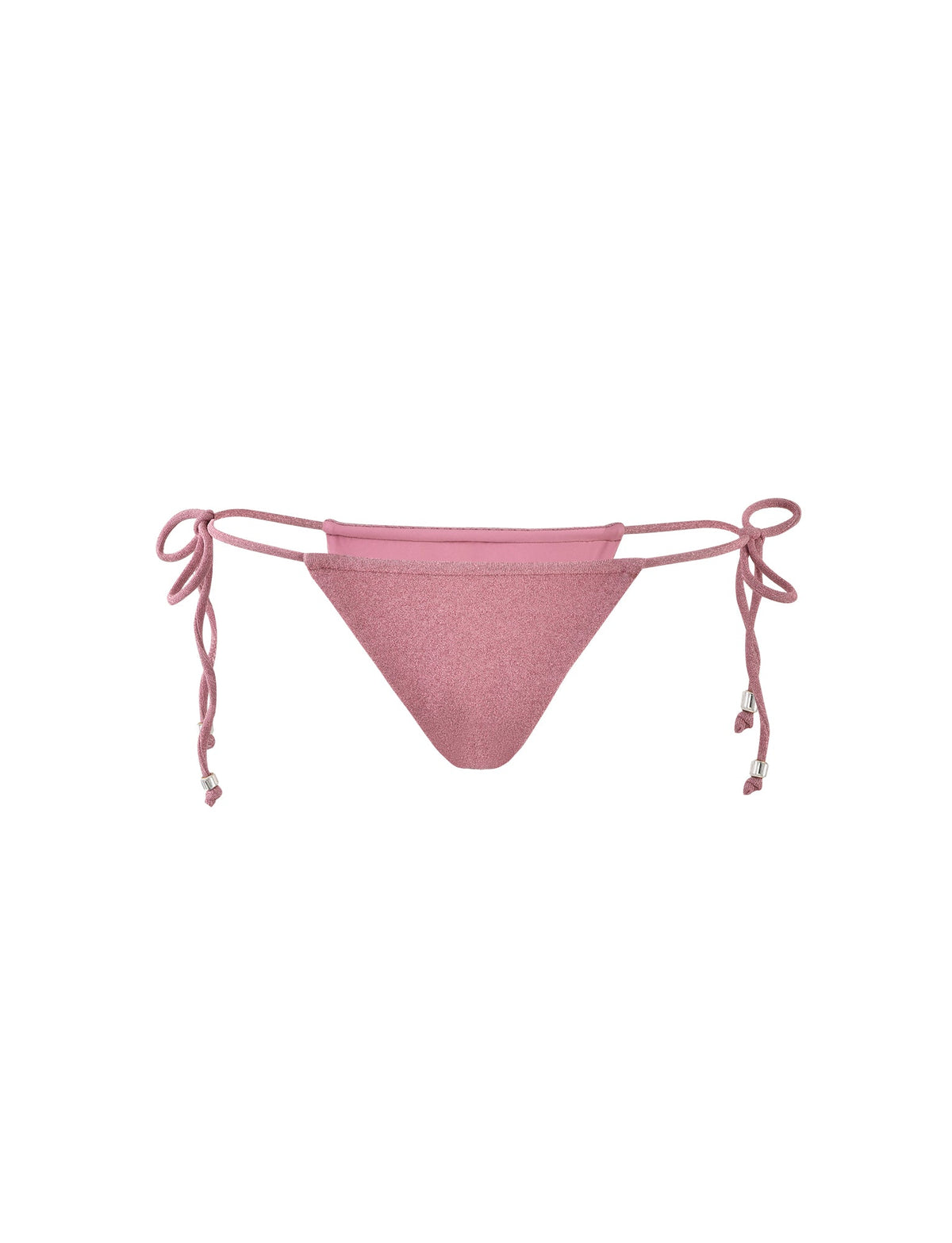 Front view of the MARIEL BIKINI BOTTOM - PINK : PINK SPARKLE by TigerMist, featuring side ties adorned with small decorative beads at the ends. The fabric boasts a subtle shimmering texture, characteristic of TigerMist's chic designs. The bikini bottom is displayed on a plain white background.