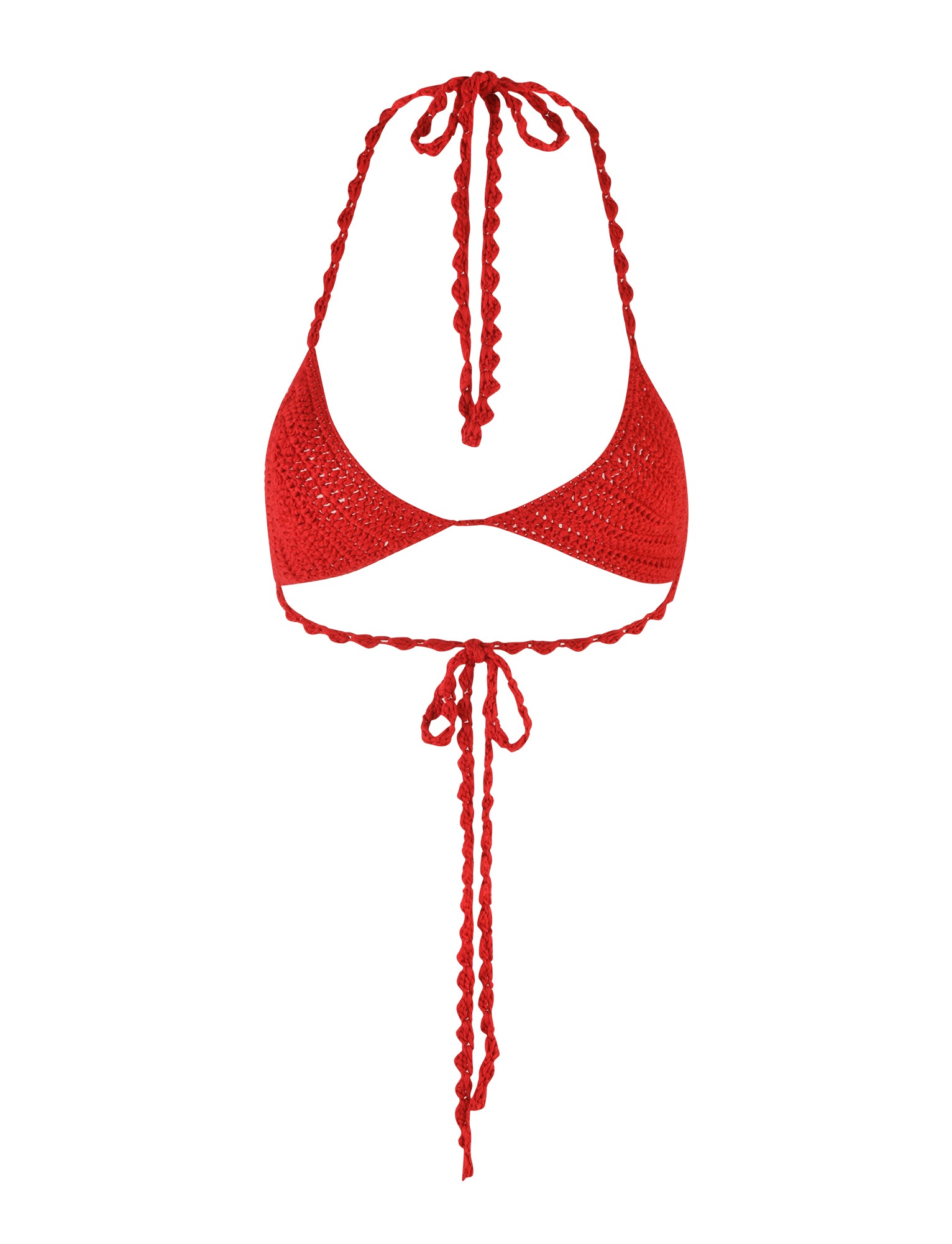 The TIGERMIST Meliora Bikini Top in Berry Red features a vibrant red hue with a halter neck and tie-back design. Its intricate crochet fabrication is beautifully complemented by thick, braided straps that can be adjusted for a custom fit. This fixed triangle bikini top offers an unlined, minimalistic, and chic aesthetic.