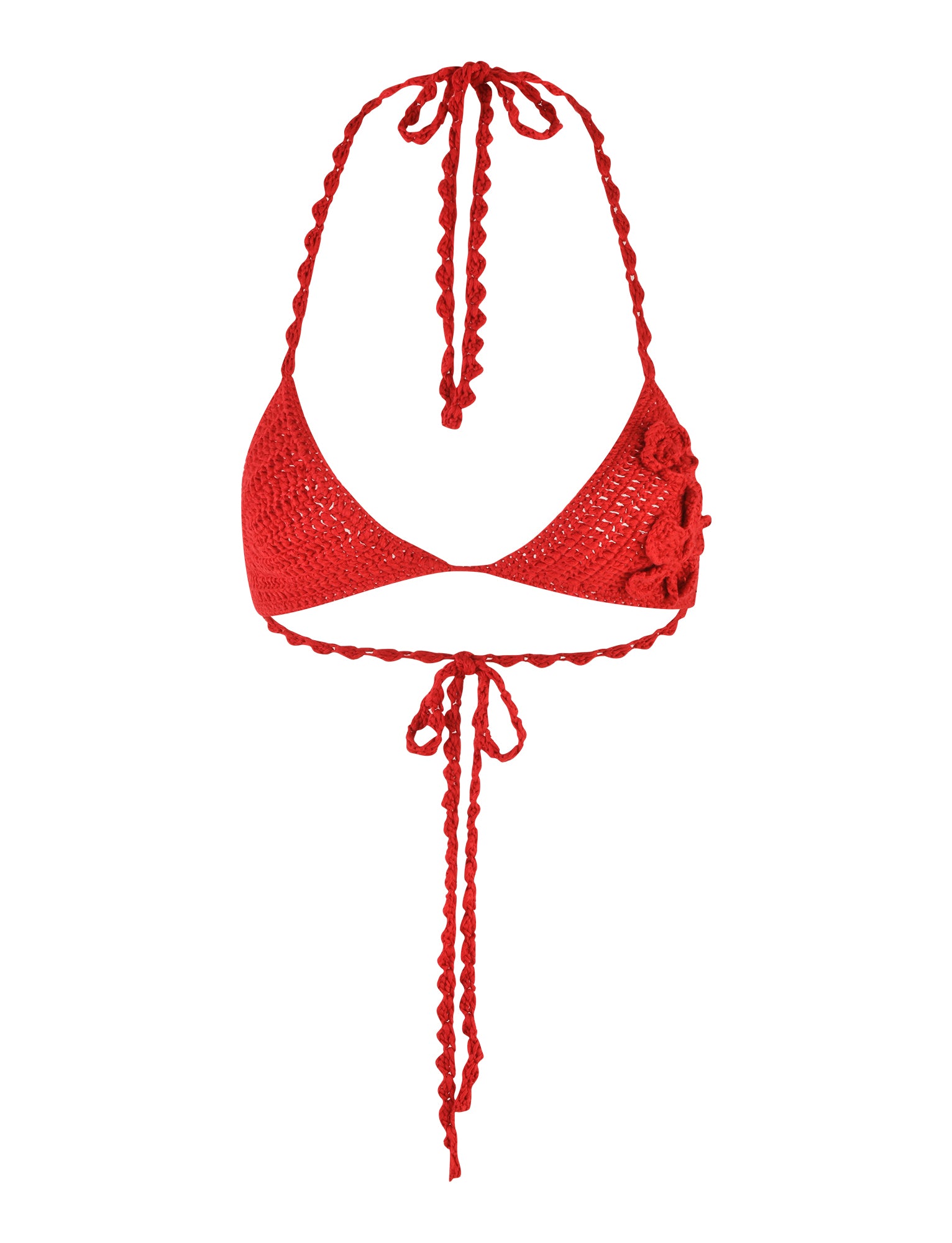 The MELIORA BIKINI TOP - RED : BERRY RED by TIGERMIST is a stunning red bikini top featuring intricate crochet fabrication. With halter-neck ties and a back tie closure, this fixed triangle top boasts a textured fabric and subtle floral detail on one side. The braided straps enhance its handcrafted look, making it a standout piece for any beach day.