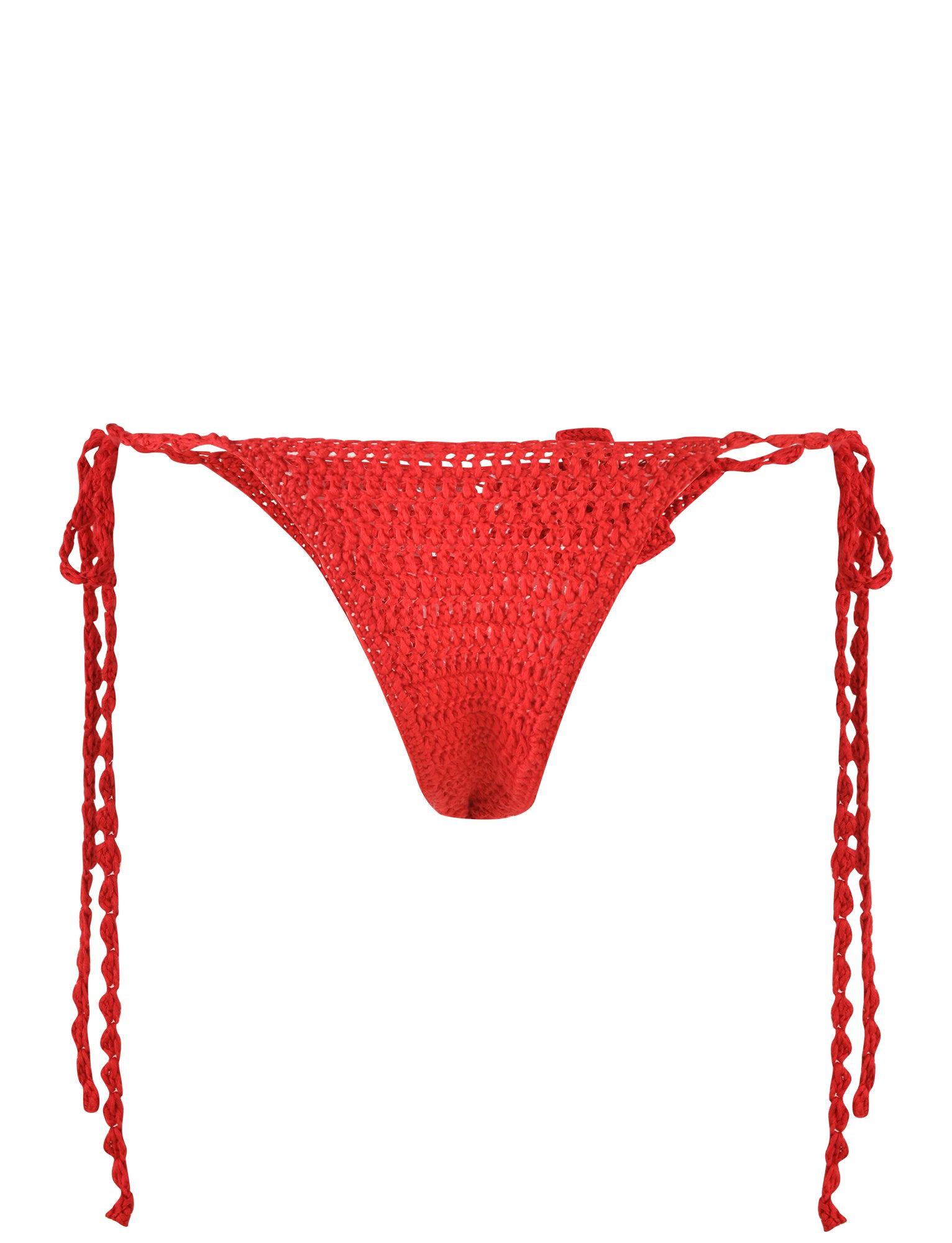 The MELIORA BIKINI BOTTOM - RED : BERRY RED by TIGERMIST is a pair of red crochet swimwear bikini bottoms with detailed stitching and long braided side ties that can be securely fastened at the hips for an adjustable fit, making them perfect cheeky bikini bottoms.