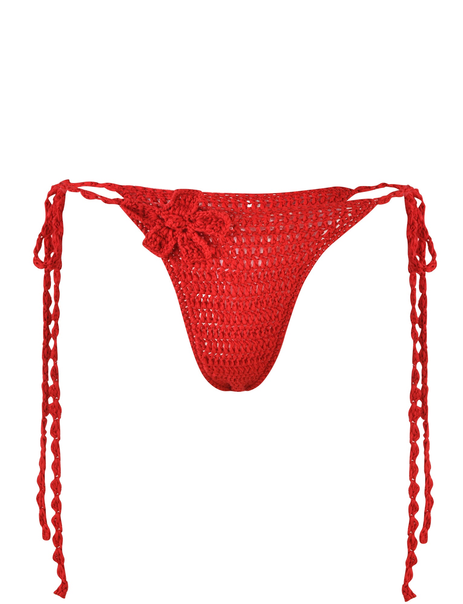 The MELIORA BIKINI BOTTOM - RED : BERRY RED from TIGERMIST is a vibrant red crocheted thong bikini bottom featuring side tie details and a delicate crocheted flower accent on the left front side. This cheeky cut bikini bottom showcases an intricate, woven lace design, providing a stylish and wearable crochet look.