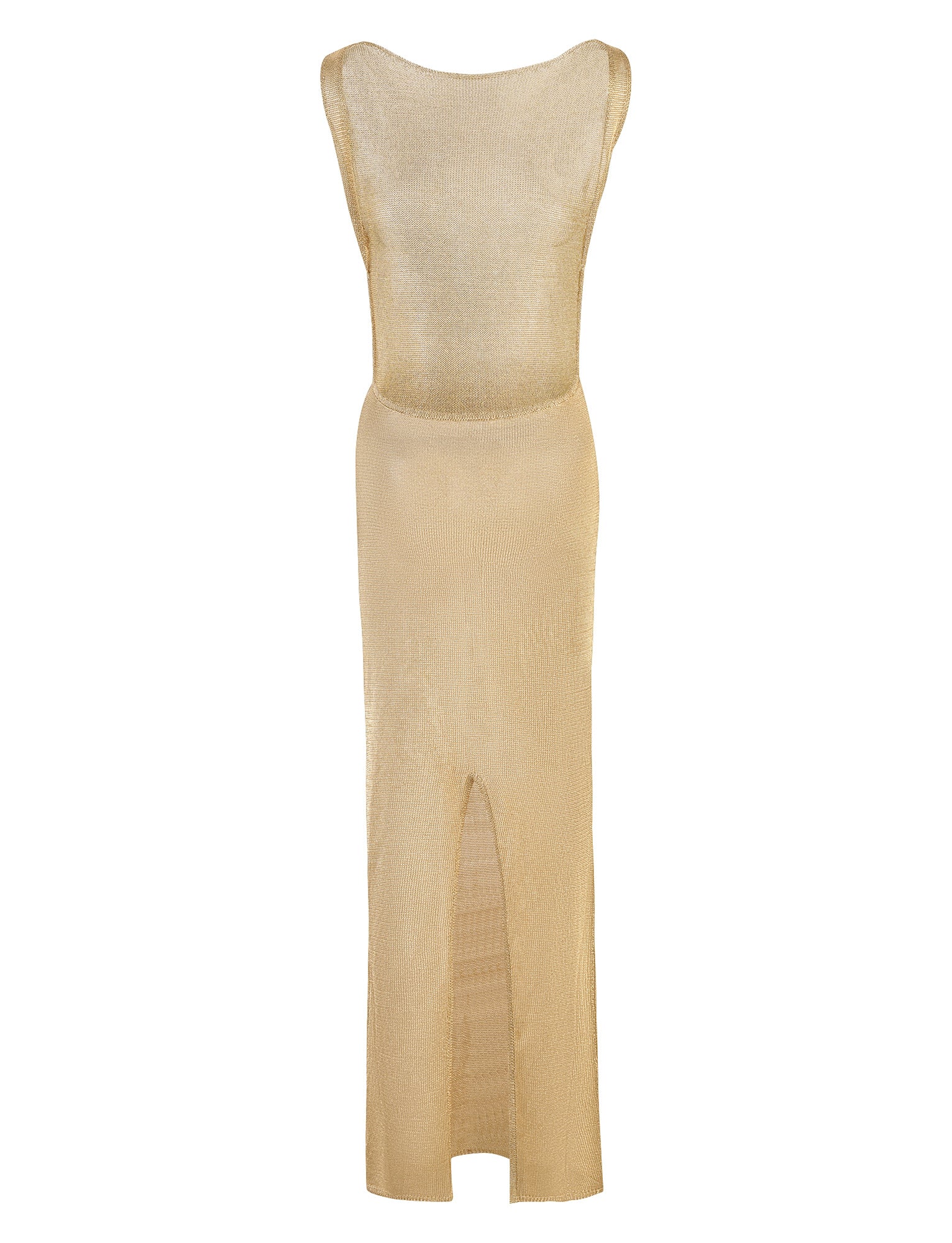 The ZAELA DRESS - GOLD by TIGERMIST is a stunning sleeveless long dress featuring a fitted waist and subtle sheen. The dress boasts a scooped neckline and a high slit in the front, extending from the hem to above the knee. Made from lightweight, semi-sheer fabric, this piece offers both elegance and style.