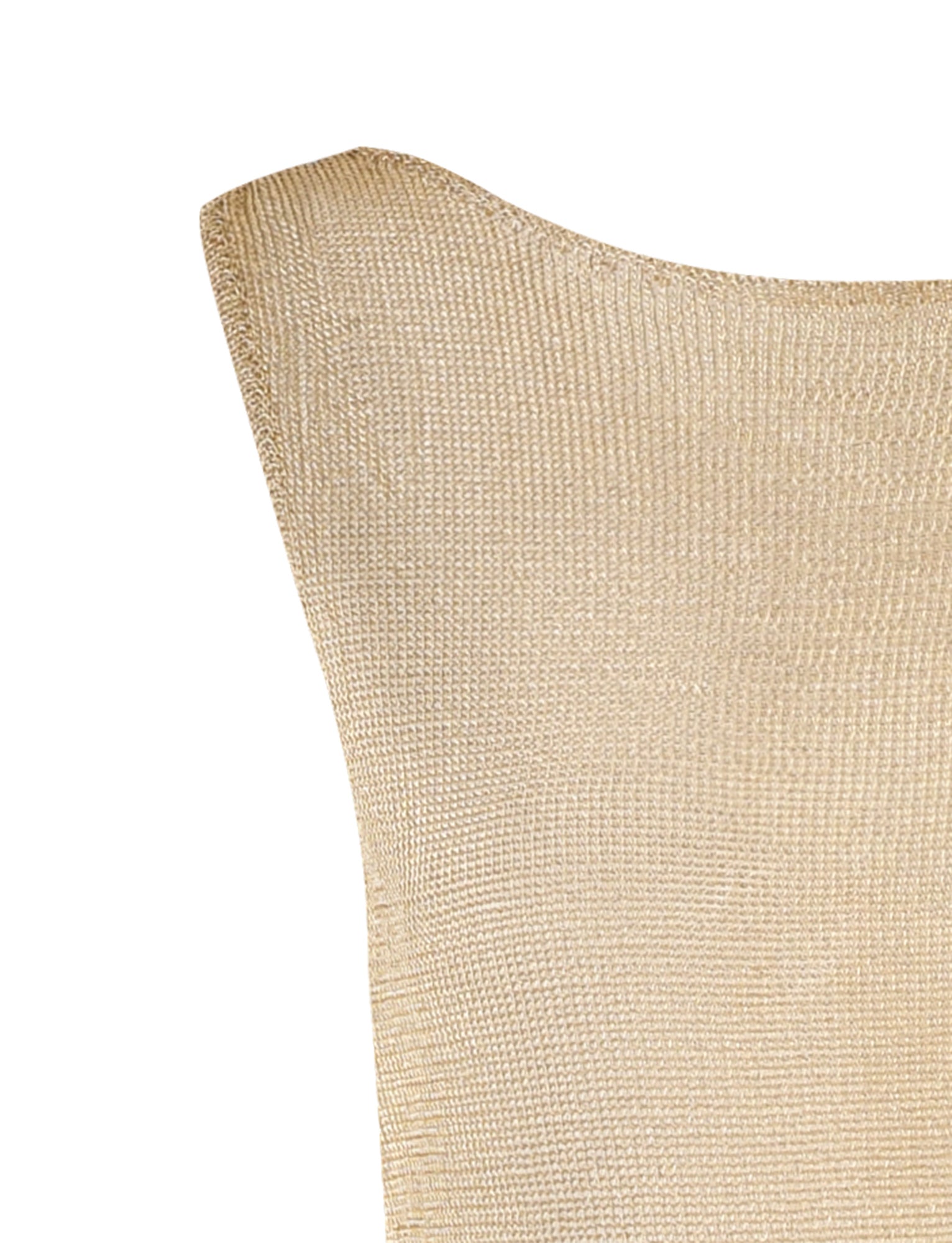 Close-up of the upper section of a gold sleeveless knitted dress from Tiger Mist. The fabric has a textured, woven appearance, and the neckline curves gently. The image focuses on the fine details of the stitching and the texture of the material.