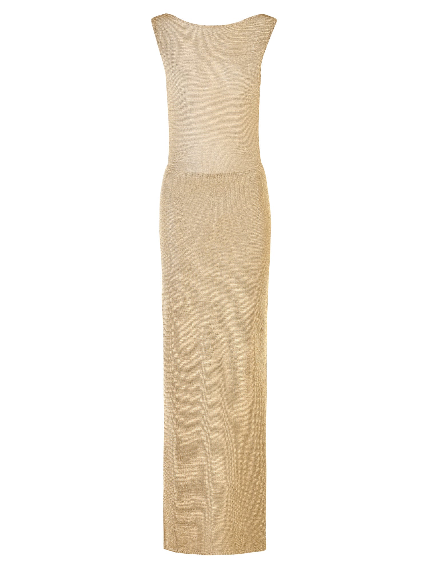 The ZAELA DRESS - GOLD from TIGERMIST is a sleeveless, floor-length gown featuring a boat neckline and a form-fitting silhouette. The gold mesh fabric is slightly sheer and has a subtle shimmer, giving it an elegant and contemporary look.