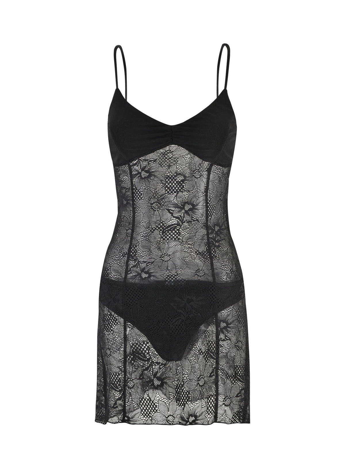 The SASKIA DRESS - BLACK from TIGERMIST is a black lace lingerie slip dress with thin spaghetti straps and a fitted, semi-transparent floral lace design. This dress features a plunging neckline and extends to mid-thigh length.
