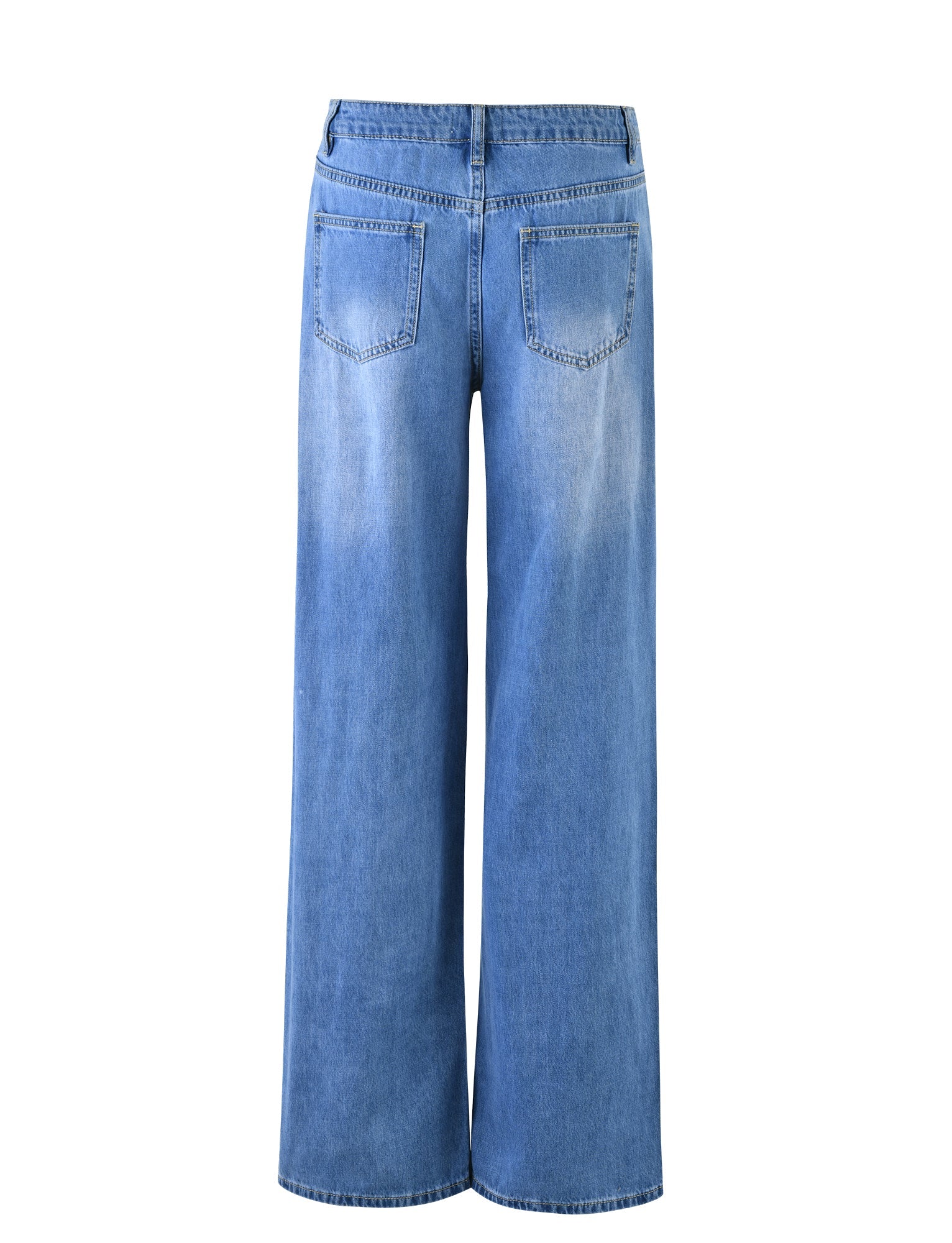 A pair of TIGERMIST AVEREE JEAN - BLUE : MID WASH jeans are displayed from the back. The high-waisted, wide-leg jeans feature two rear pockets, slight fading on the thighs and shins, and end just above the floor against a plain white background.