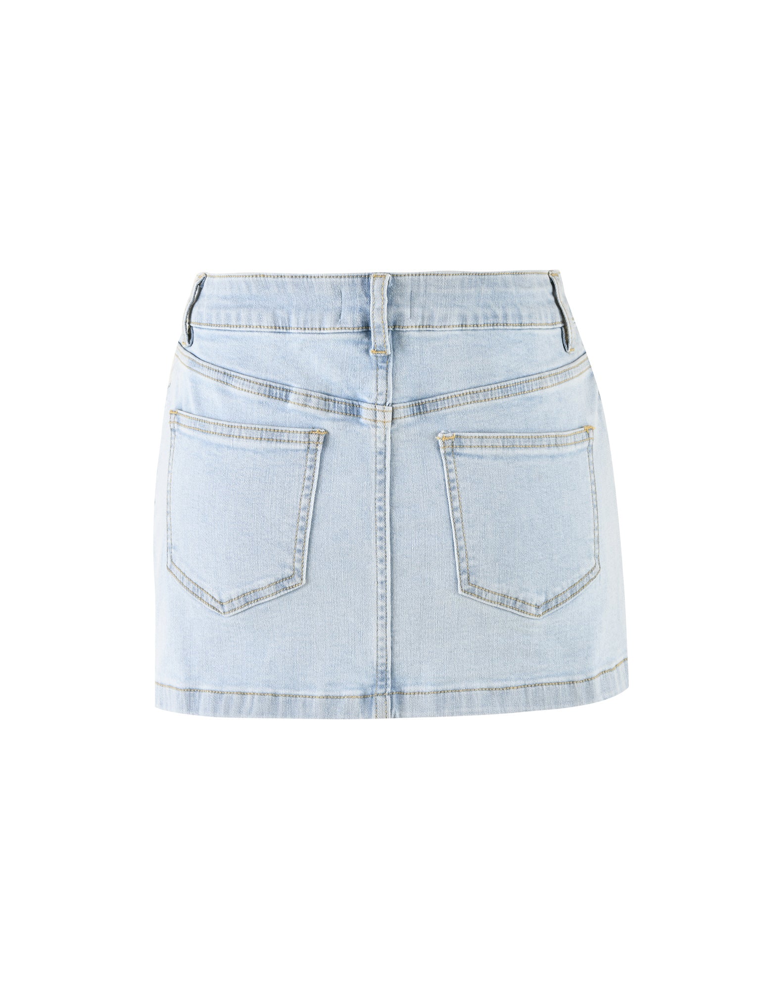 The AMAYA MINI SKIRT - BLUE : LIGHT WASH from TIGERMIST is shown from the back. It features two large back pockets, visible stitching, belt loops, and a waistband. The denim has a slightly faded appearance, giving it a casual look. The skirt hem is straight and falls above the knees.