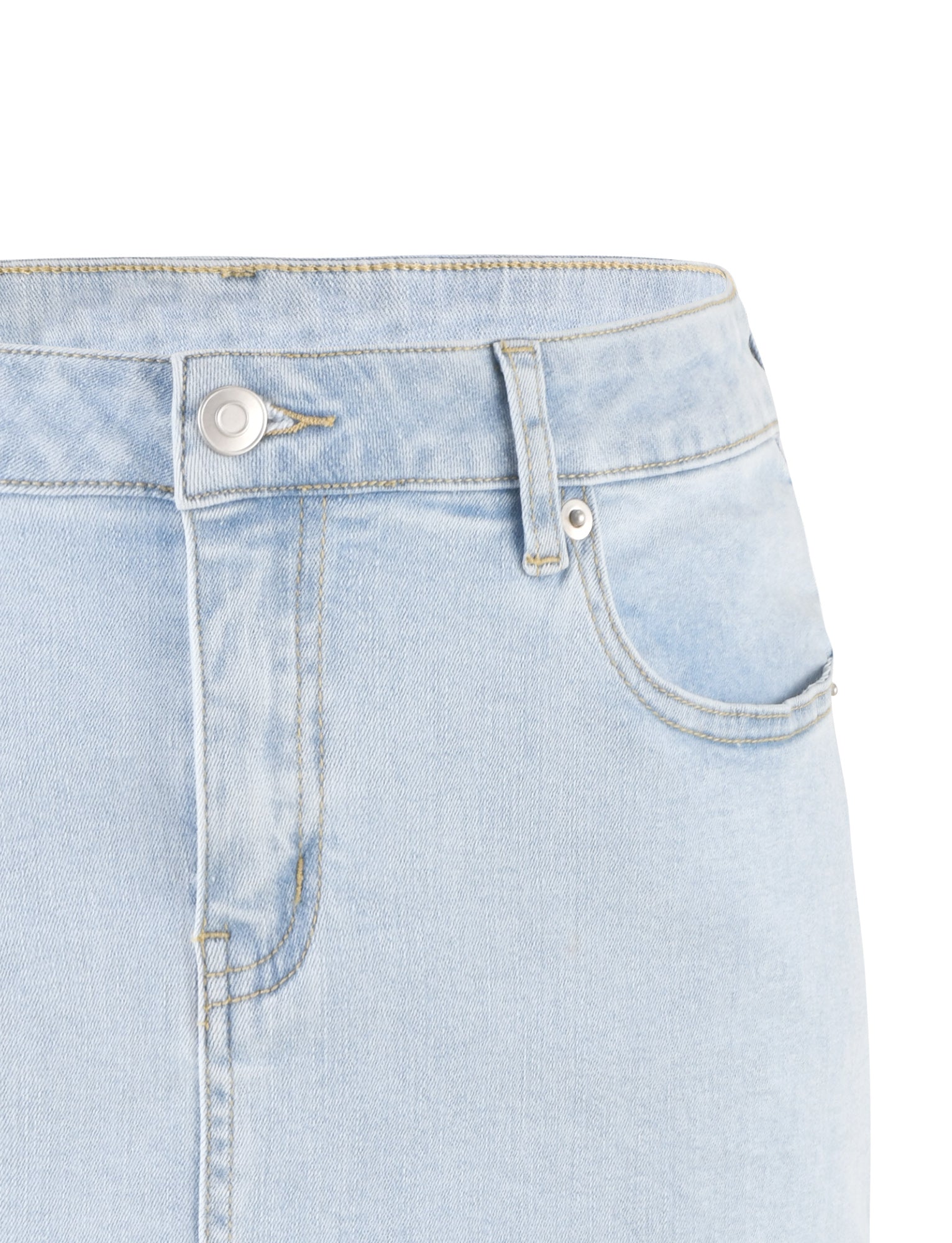 Close-up view of the waist and upper portion of a light blue TIGERMIST AMAYA MINI SKIRT in a light wash. Features include a metal button closure, a zip fly, front pockets, and belt loops. The denim has a slightly worn appearance with visible stitching.