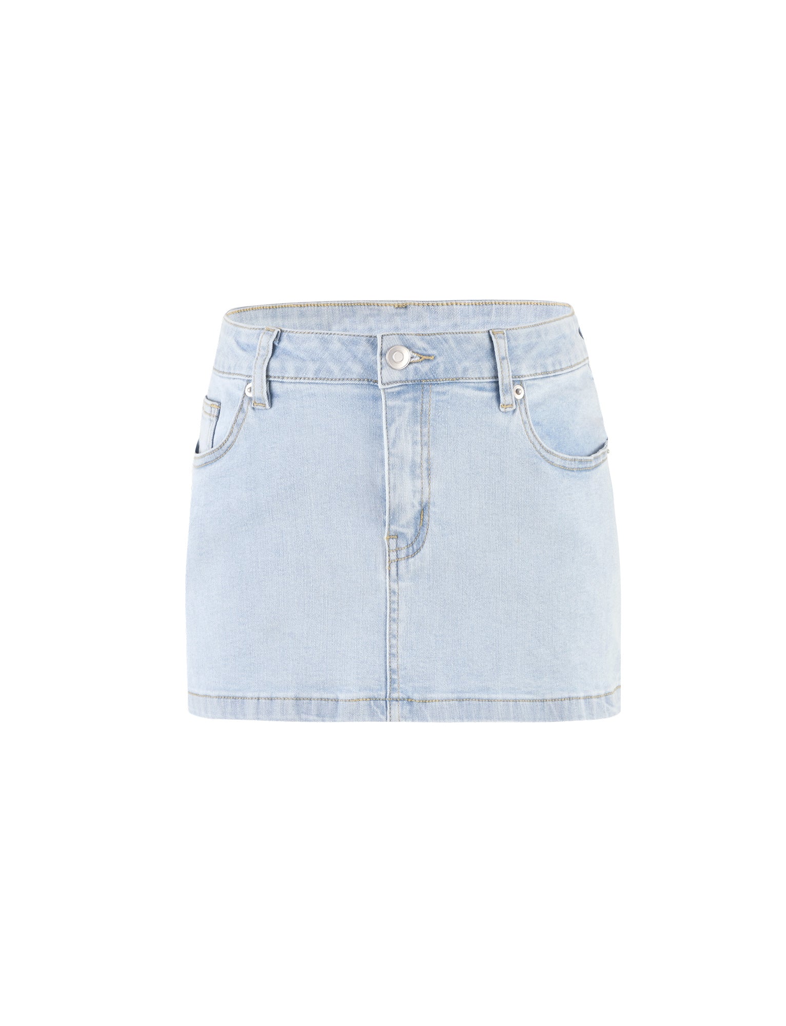 The AMAYA MINI SKIRT - BLUE: LIGHT WASH from TIGERMIST is displayed, showcasing a front button and zipper closure. It features two front pockets and two back pockets. The skirt is crafted from traditional denim fabric with visible stitching, exuding a casual, classic design.