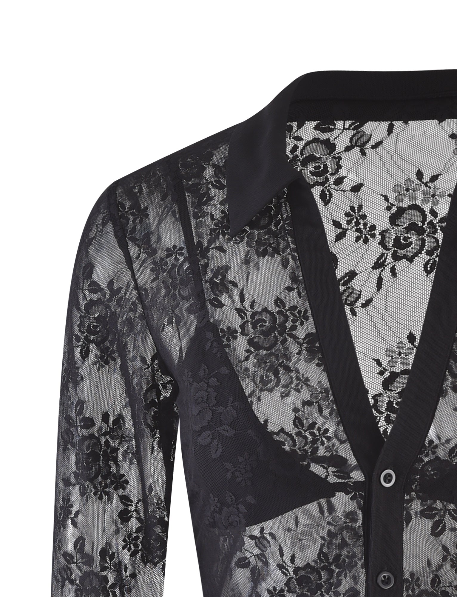 A close-up view of the TIGERMIST MIRABEL TOP - BLACK : LACE, a sheer blouse adorned with floral patterns. This stylish piece features a collar, button-down front, and long sleeves, making its see-through design elegantly reveal an undergarment beneath.