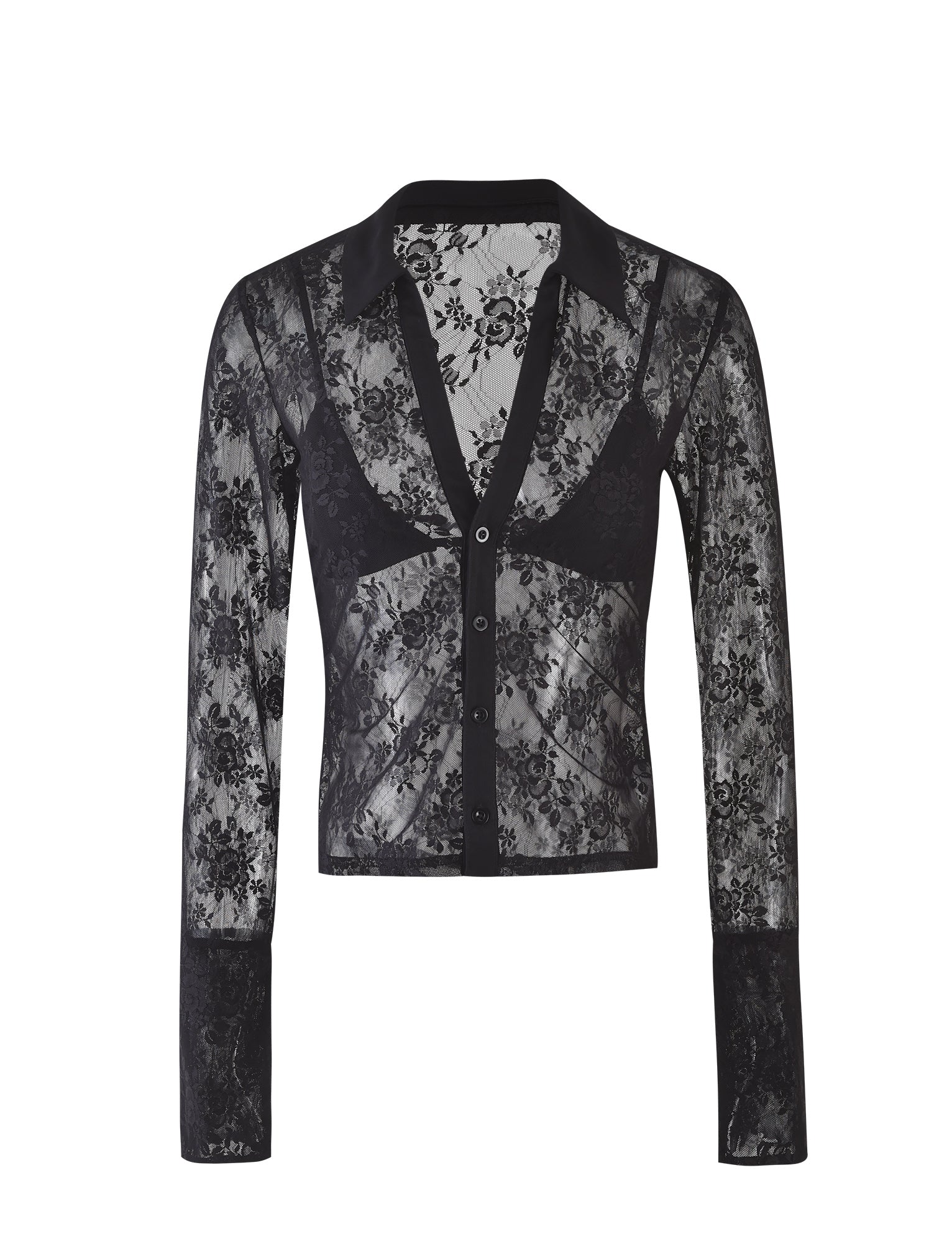 The MIRABEL TOP - BLACK : LACE from TIGERMIST is a long-sleeve lace blouse adorned with a floral pattern. It features a deep V-neckline, a pointed collar, and a front button closure. The semi-sheer material gives it an elegant and stylish appearance.