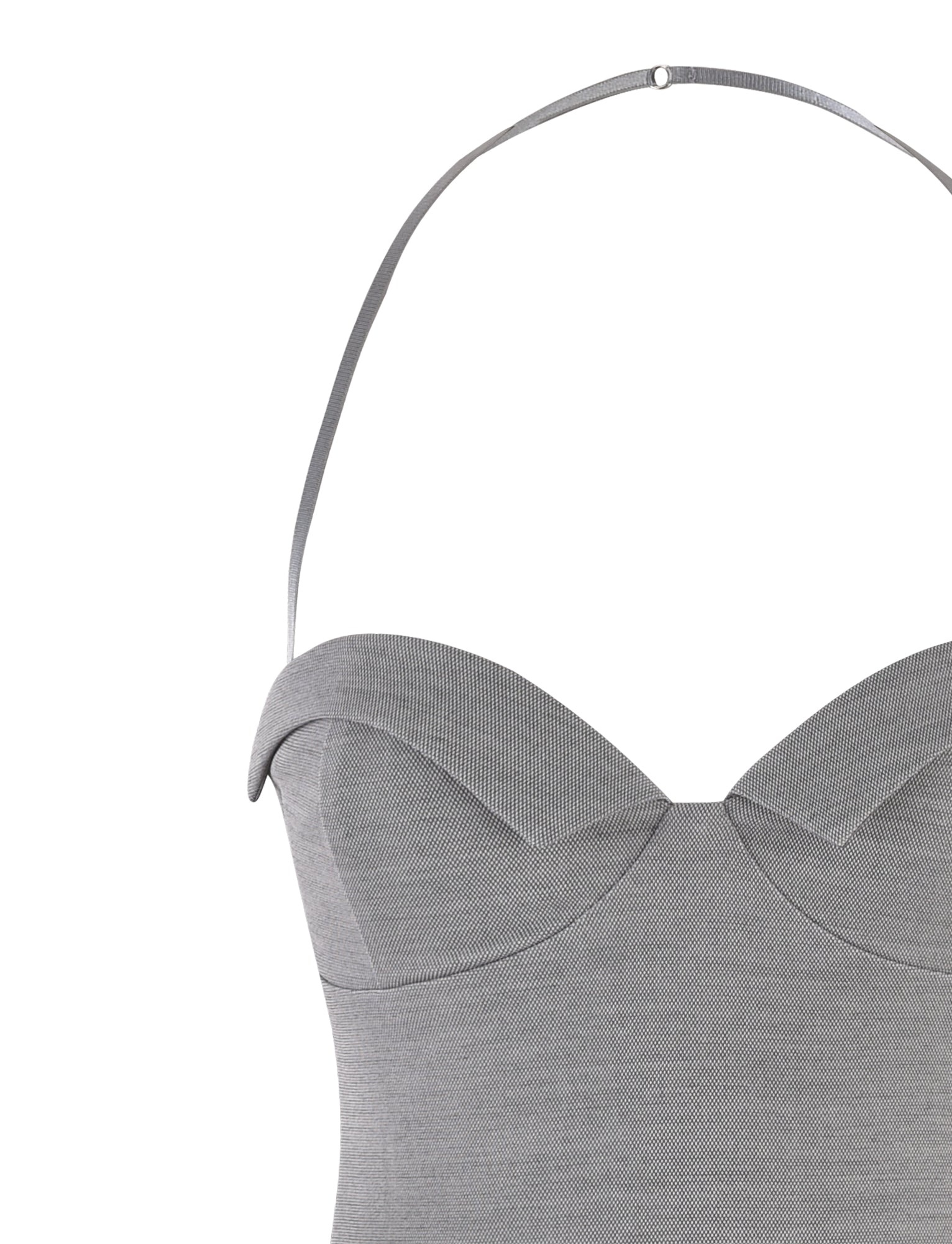 The DANICA DRESS - GREY by TIGERMIST features a halter neck and sweetheart neckline in a sophisticated mini length. This strapless design offers a structured, form-fitting bodice with visible seam detailing for an elegantly tailored appearance.