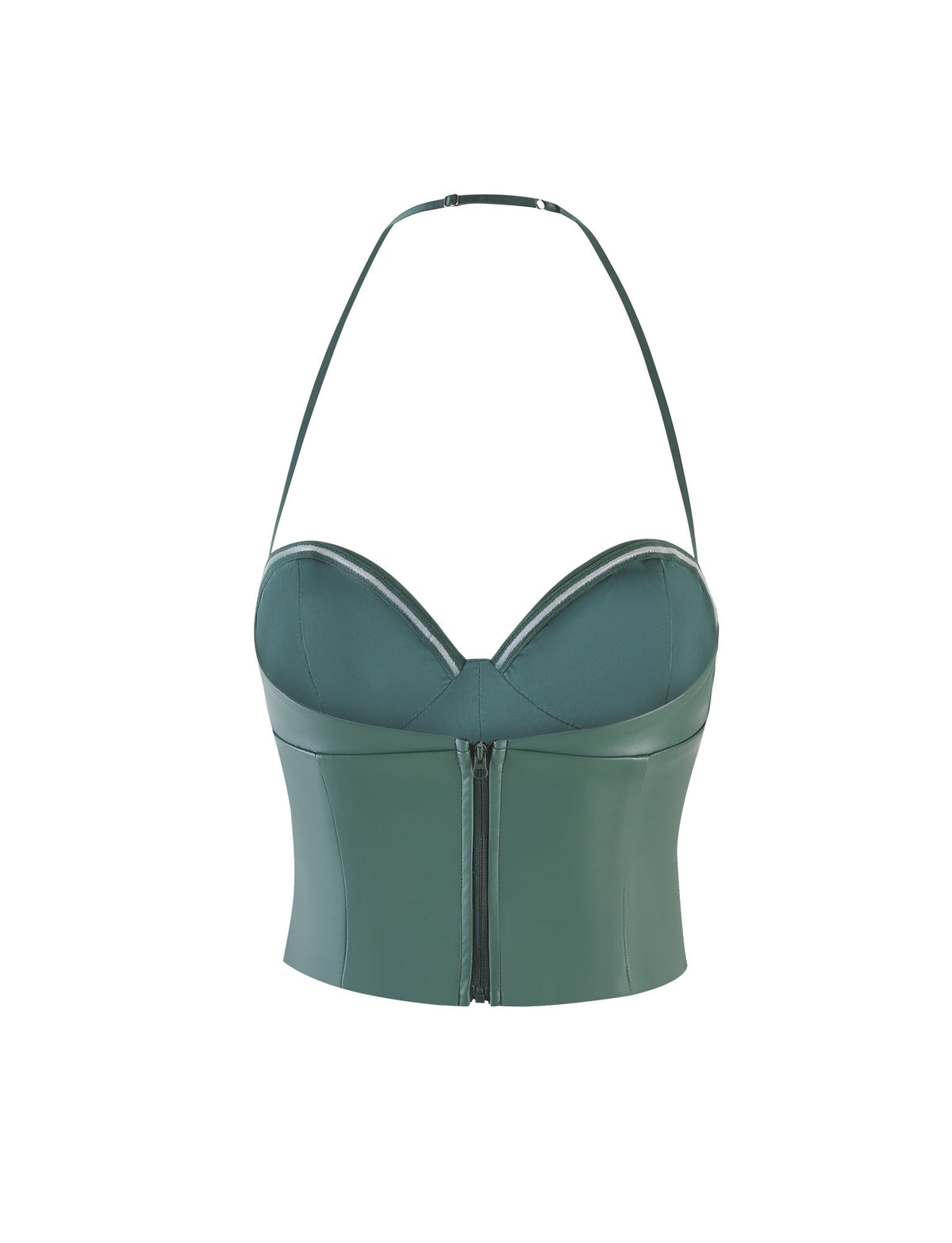 Introducing the MCKAY TOP - GREEN by TIGERMIST, a dark green, structured leather bustier featuring a halter strap and zip-front closure. The top boasts a contoured design with fitted cups and seams for added shape and support, creating an overall modern and edgy style.