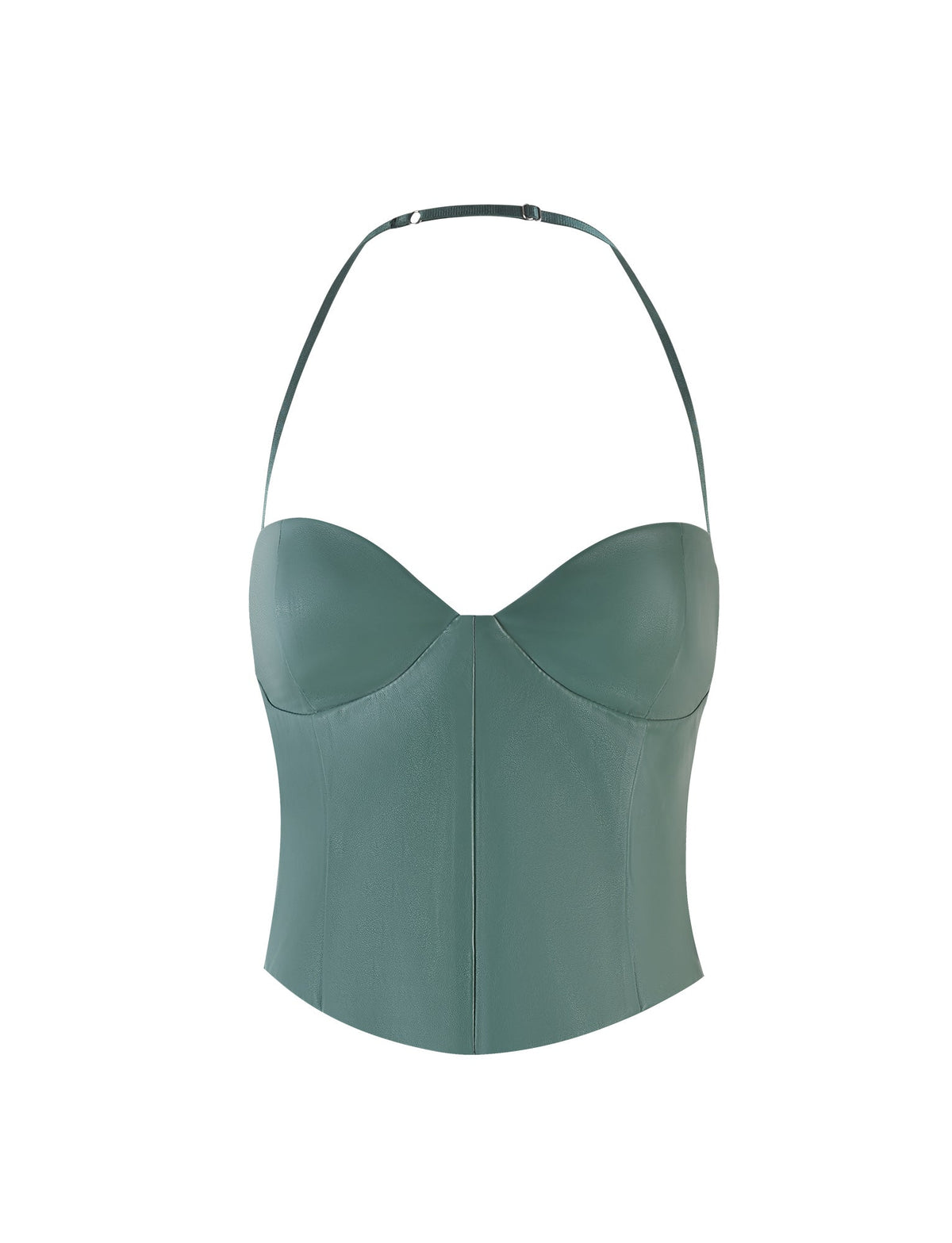 The MCKAY TOP - GREEN by TIGERMIST is a green leather bustier top with a sweetheart neckline and an adjustable halter strap. This structured design features seam detailing down the front, providing a tailored fit.