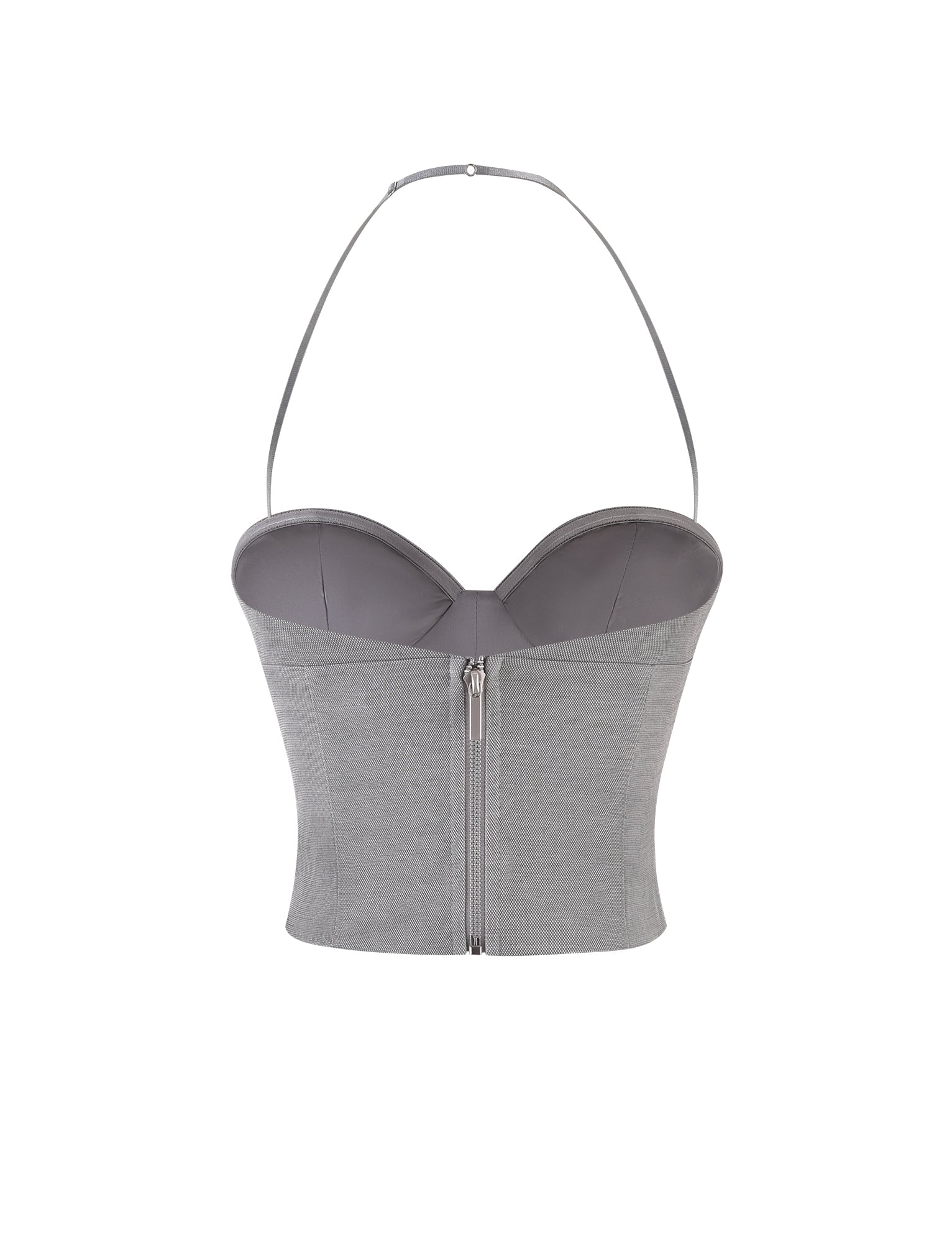The TIGERMIST MCKAY TOP - GREY is a strapless corset featuring a tailored bodice with an adjustable halter neck strap, a sweetheart neckline, and a central zipper closure in the front. Its sleek and modern design makes it a standout piece.