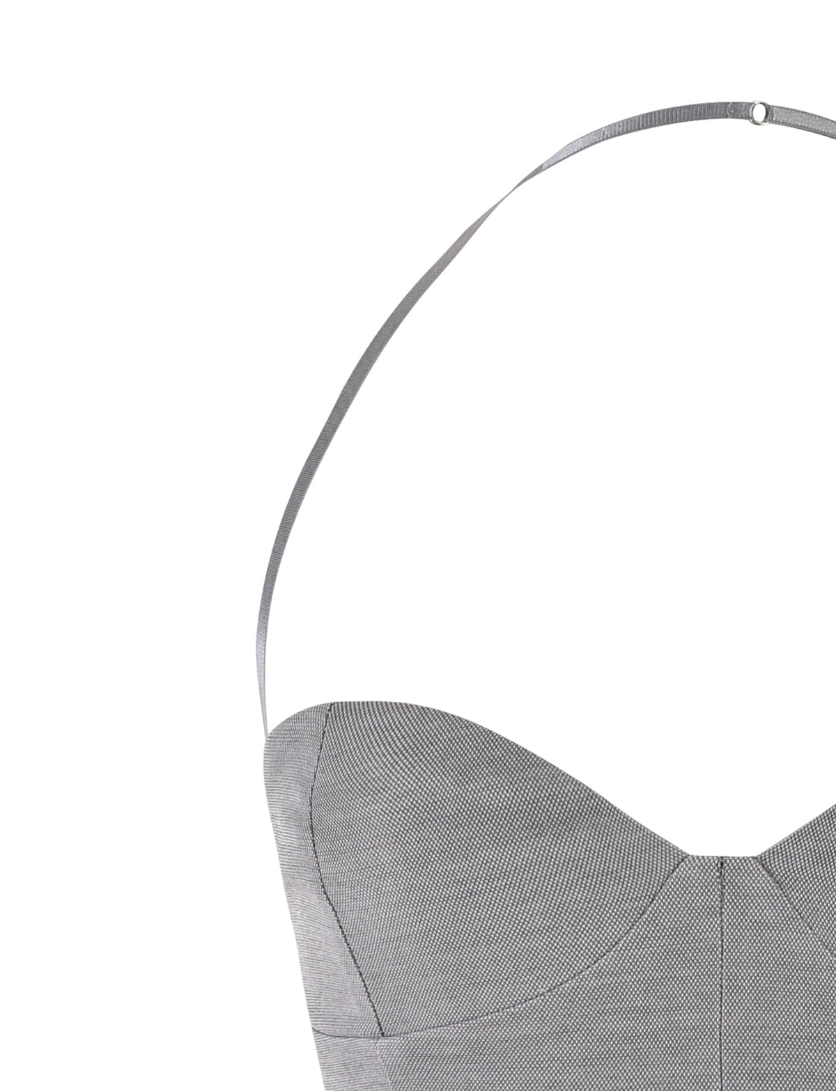 Close-up of the TIGERMIST MCKAY TOP - GREY, showcasing its strapless design with a sweetheart neckline and a single adjustable halter neck strap hanging loosely over the top. The fabric appears textured and structured, emphasizing the tailored bodice. The image includes only the upper portion of the top.