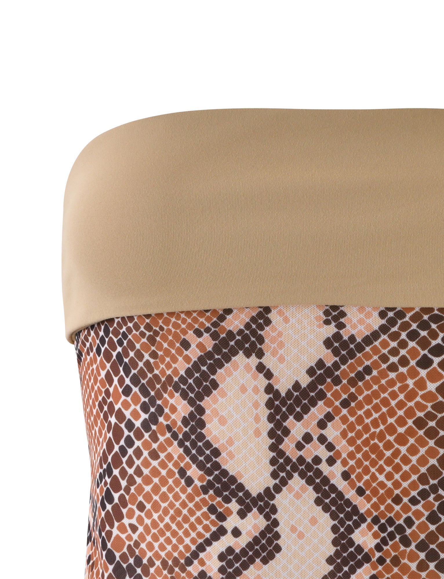 Close-up of the TIGERMIST FALLON TOP in brown snake print, featuring a beige band at the top and showcasing a smooth texture with a striking pattern in brown, white, and black.