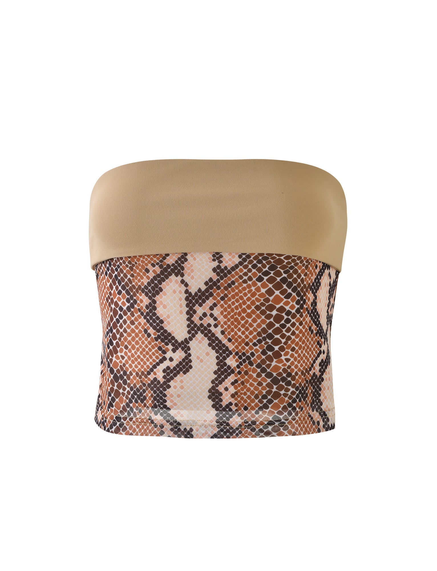 The TIGERMIST FALLON TOP - BROWN : SNAKE is a strapless bandeau featuring a solid beige upper section and a lower section adorned with a snake print design in shades of brown, tan, and black. The fabric appears stretchy and form-fitting.