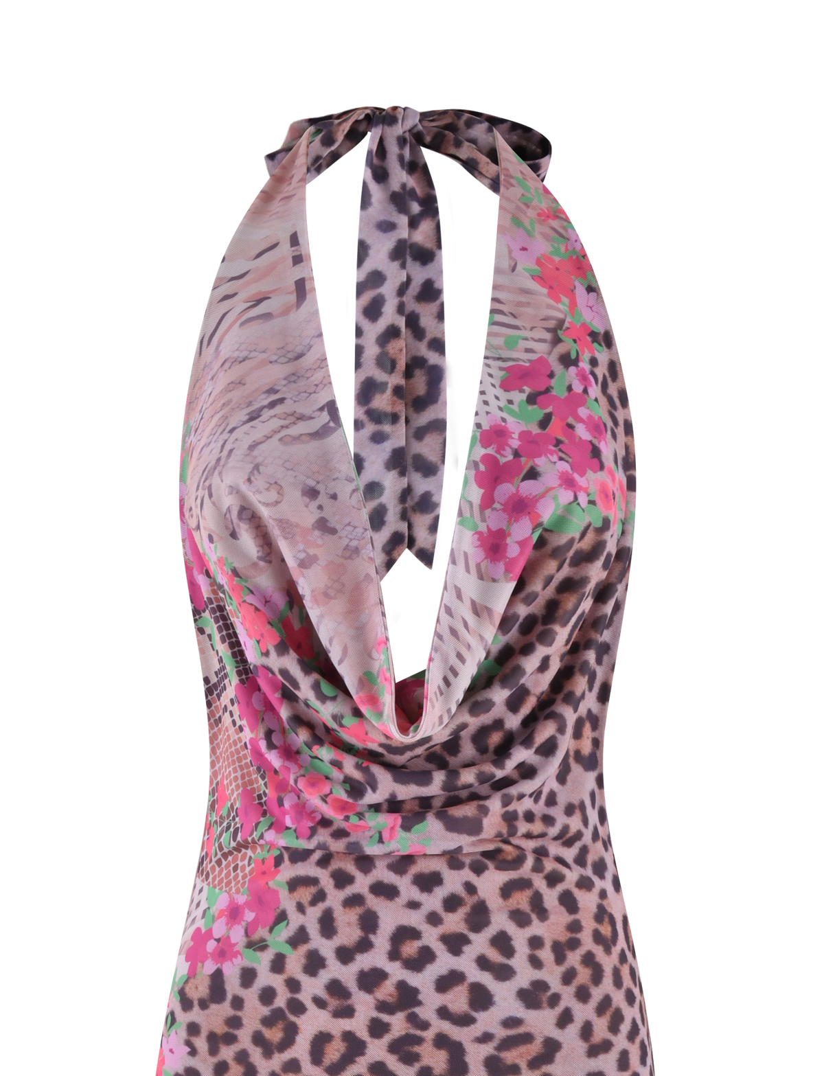 The CATALINA MAXI DRESS by TIGERMIST features a sleeveless halter design with a deep cowl neckline and an animal floral border print in neutral tones.