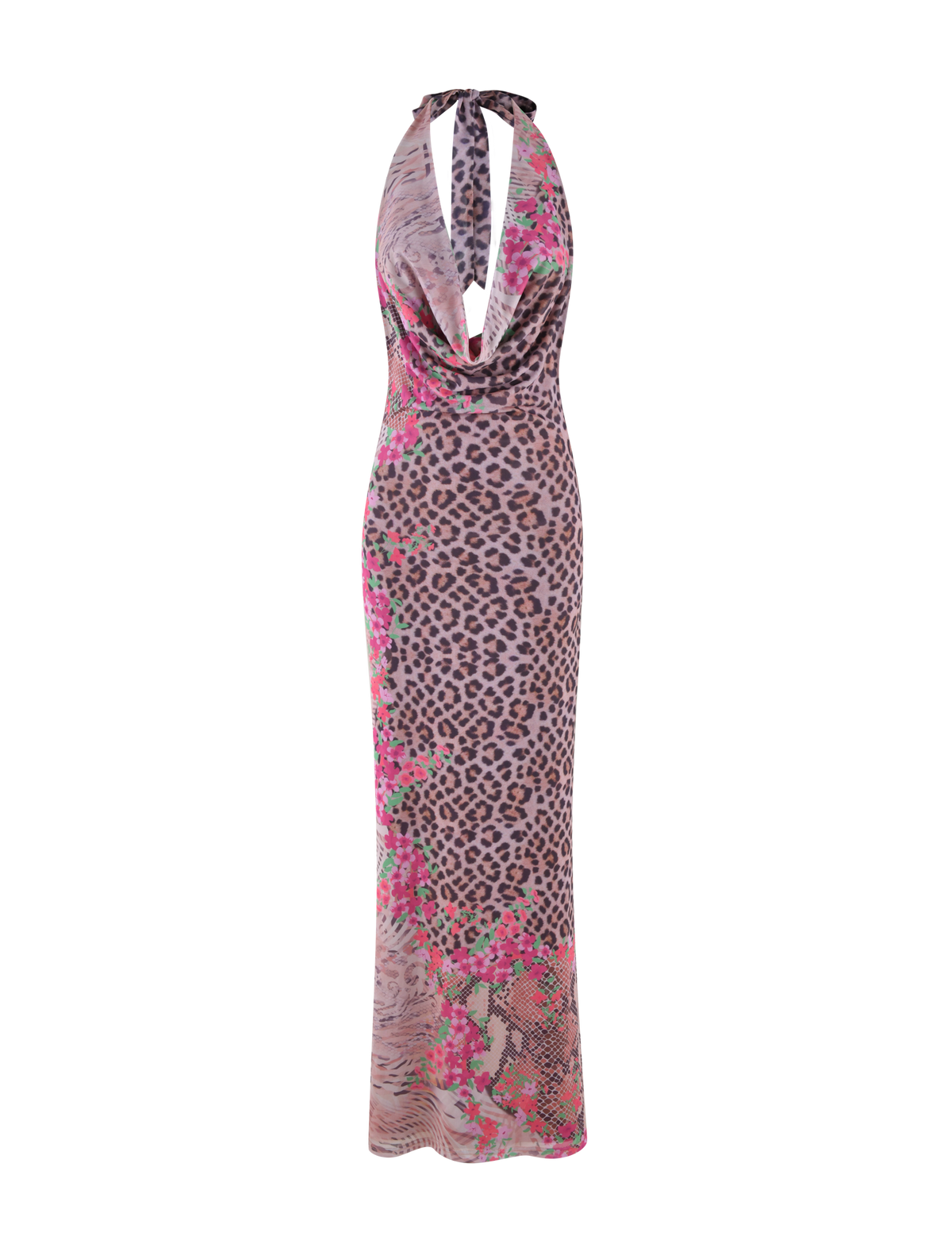 The TIGERMIST CATALINA MAXI DRESS is a sleeveless, floor-length dress with a cowl neckline, featuring a neutral animal and floral border print.