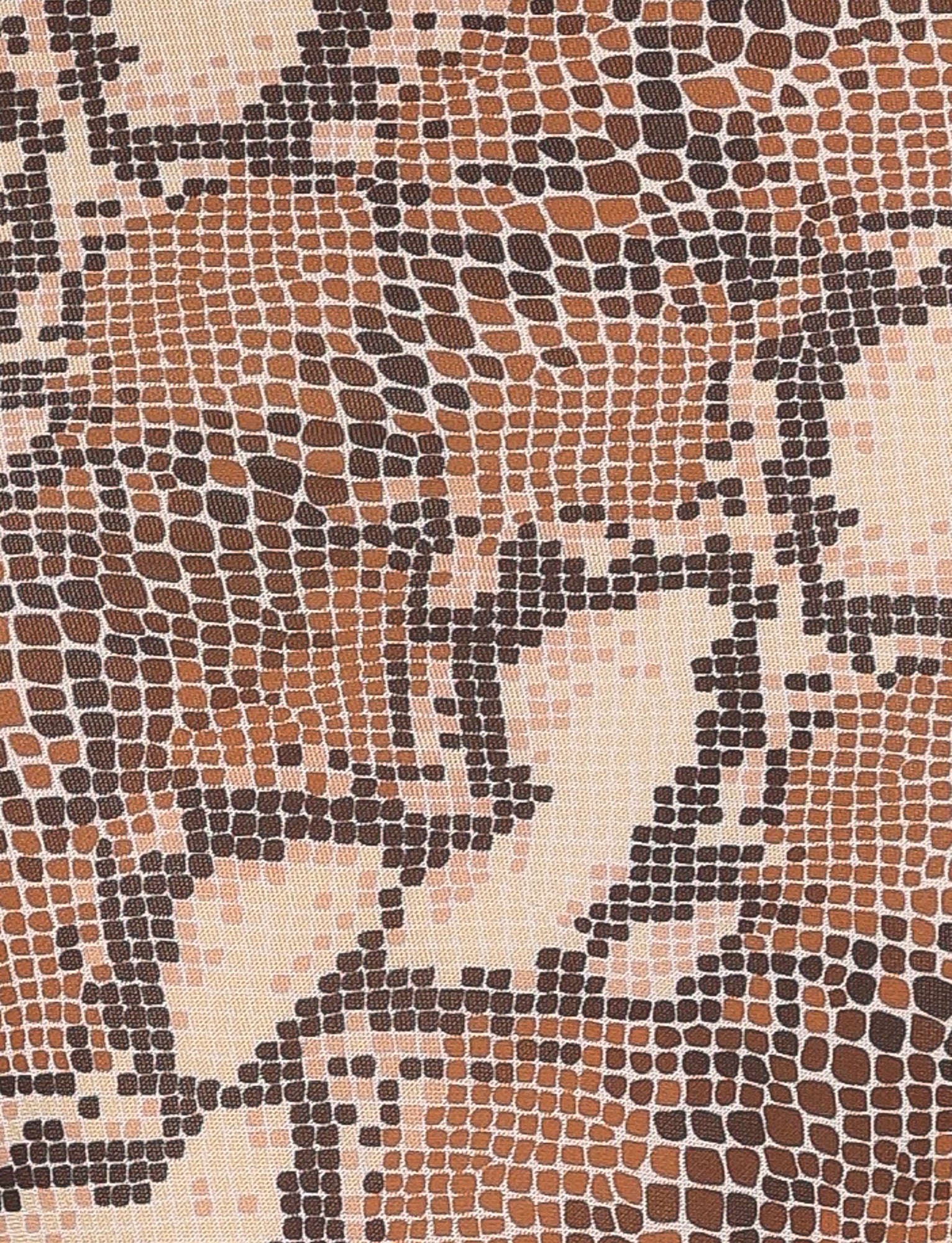 A close-up image of the TigerMist Fallon Top in Brown Snake, capturing its bold allure. The design showcases an intricate pattern of small, irregularly shaped brown, beige, and black scales that create a textured, mosaic-like effect. The colors blend together to form an abstract and organic snakeskin pattern throughout.