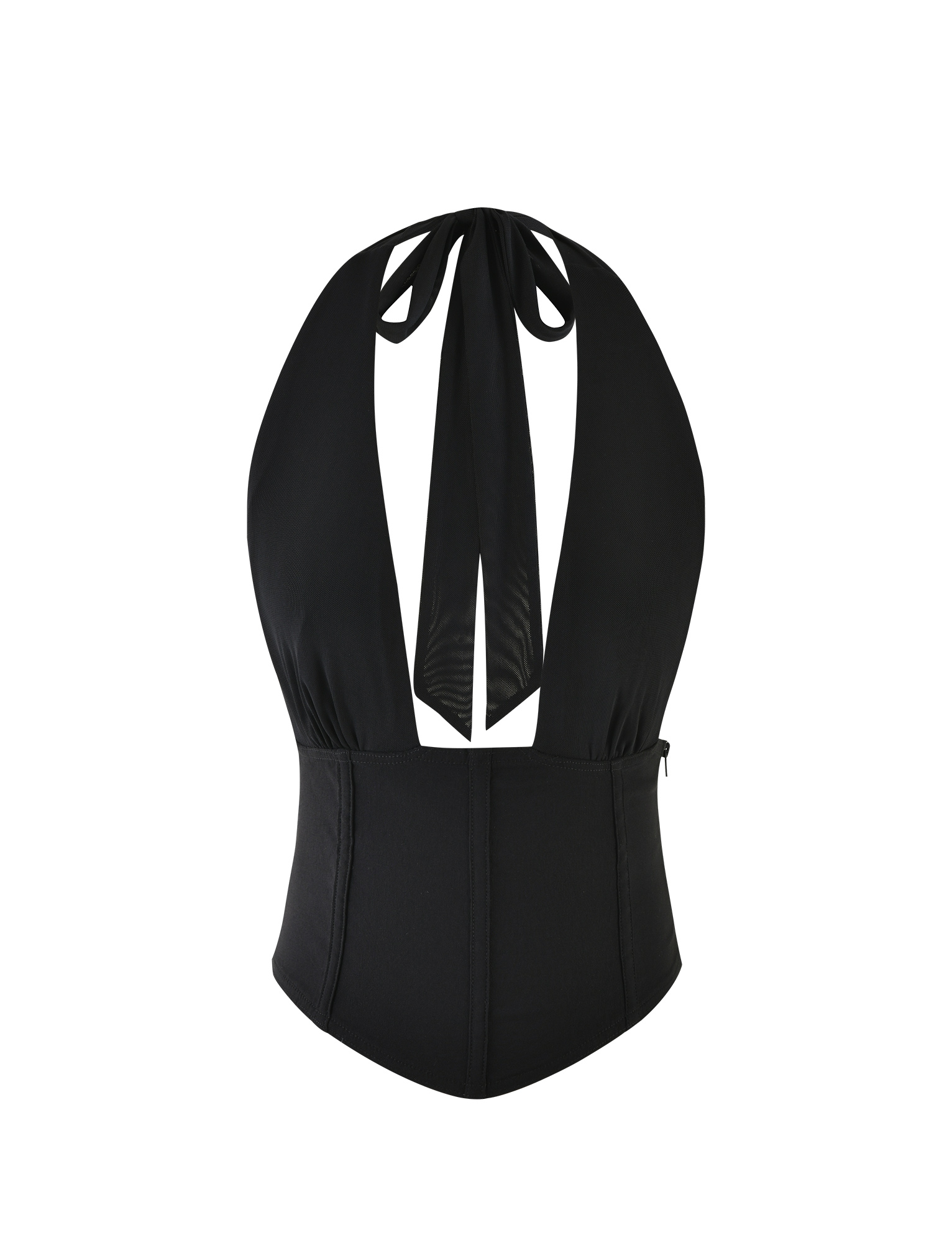The TIGERMIST JANECE TOP - BLACK is a halter-neck one-piece with a plunging neckline, wide tie-back straps, corset-style top, fitted waist, and open back.