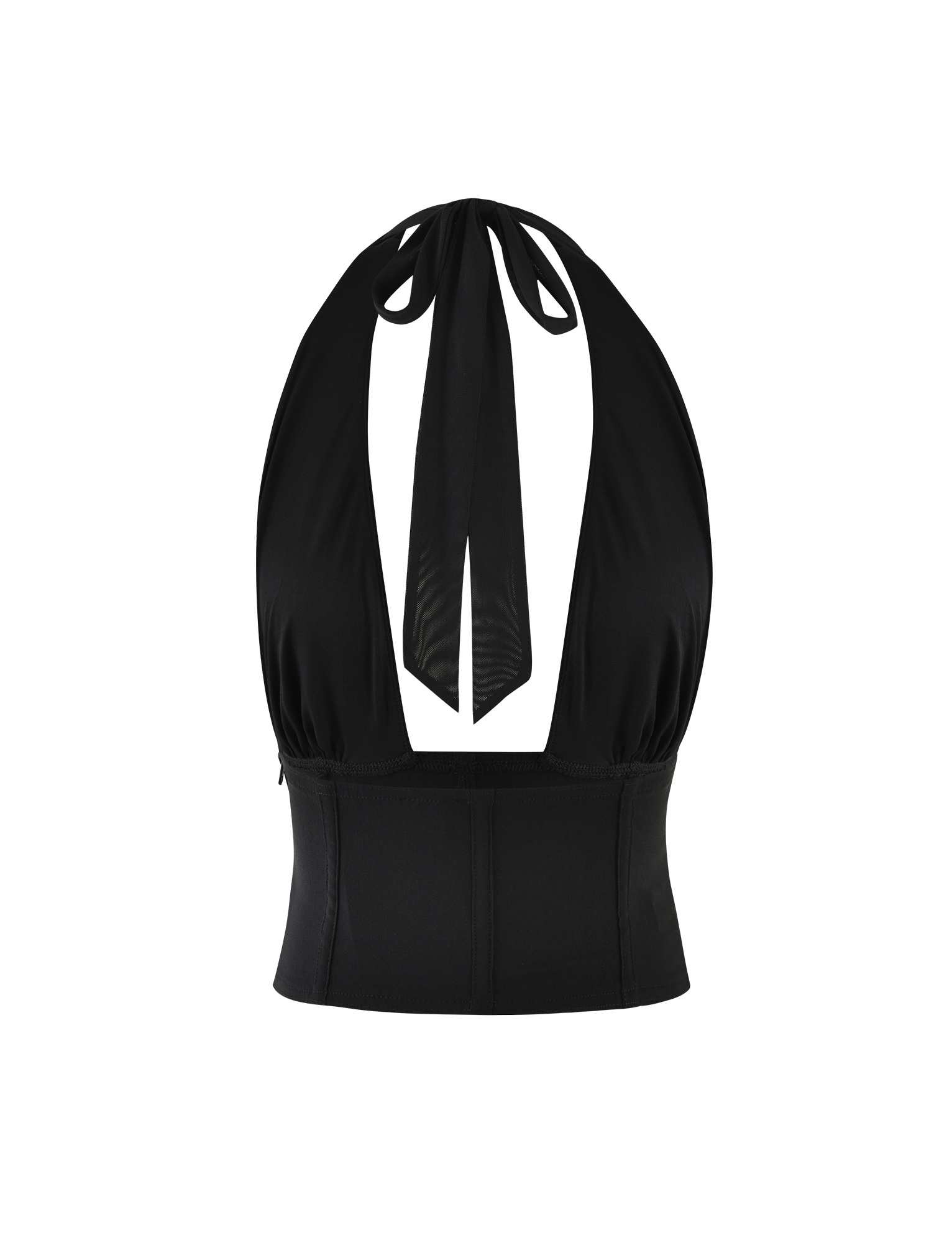 The JANECE TOP - BLACK by TIGERMIST is a black halter crop top with a deep V-neck, neck tie, and fitted waist in a bodycon silhouette, shown against a plain white background.