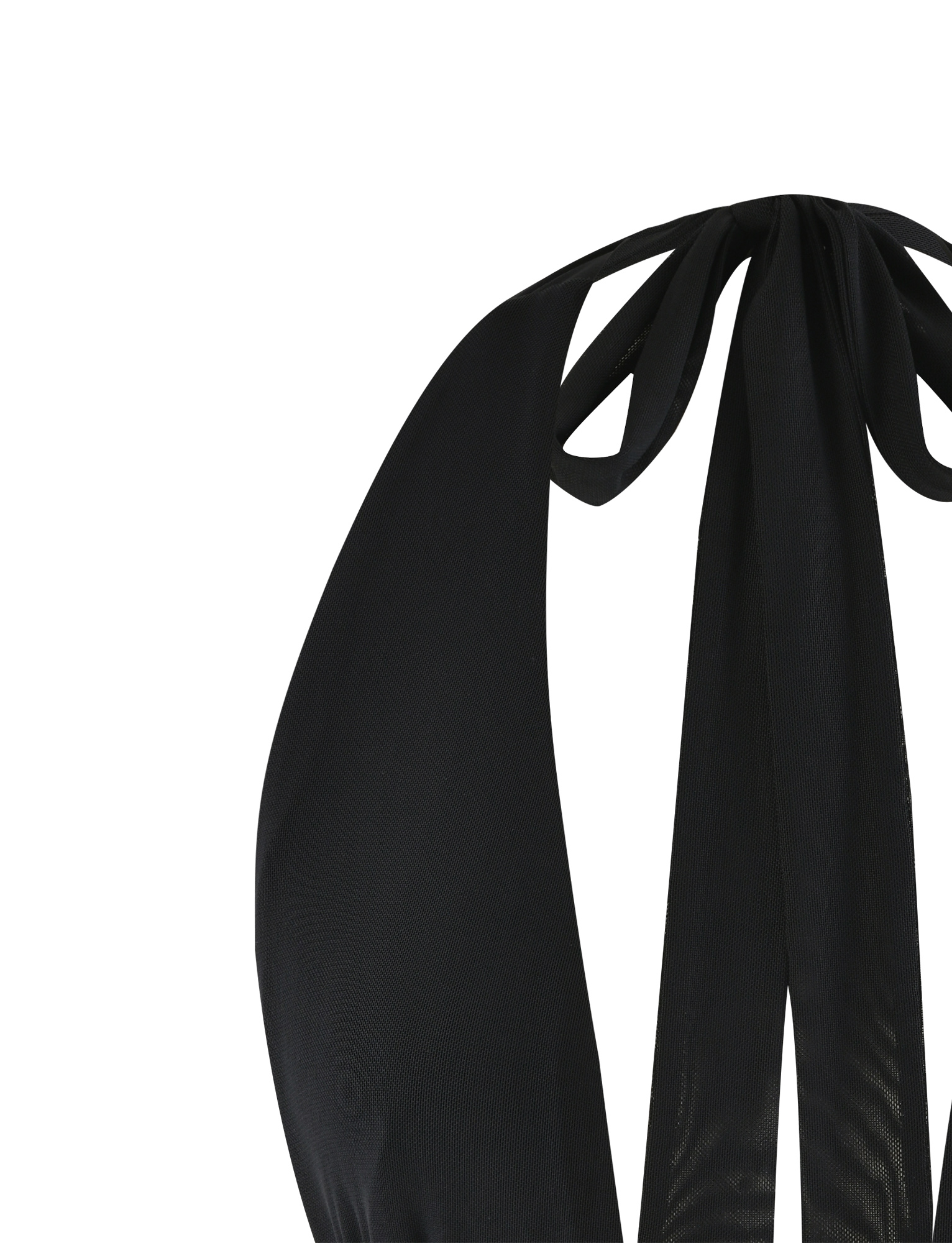 Close-up of the upper back of the TIGERMIST JANECE TOP - BLACK, showing two wide halter straps tied in a bow at the neck and a bodycon fit, set against a plain white background.