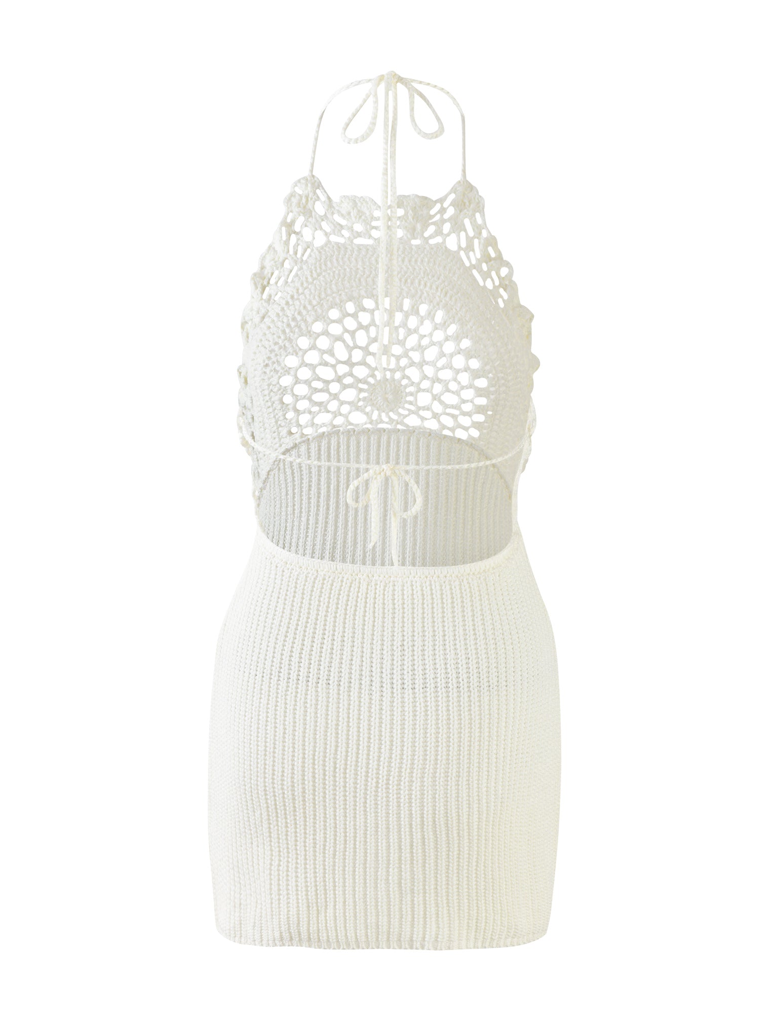 The MACELINE DRESS - WHITE from TIGERMIST is a sleeveless, backless crochet dress with an intricate floral-patterned design on the upper back and neck area. It features adjustable tie straps at the neck and middle back, complemented by a ribbed, knee-length skirt.