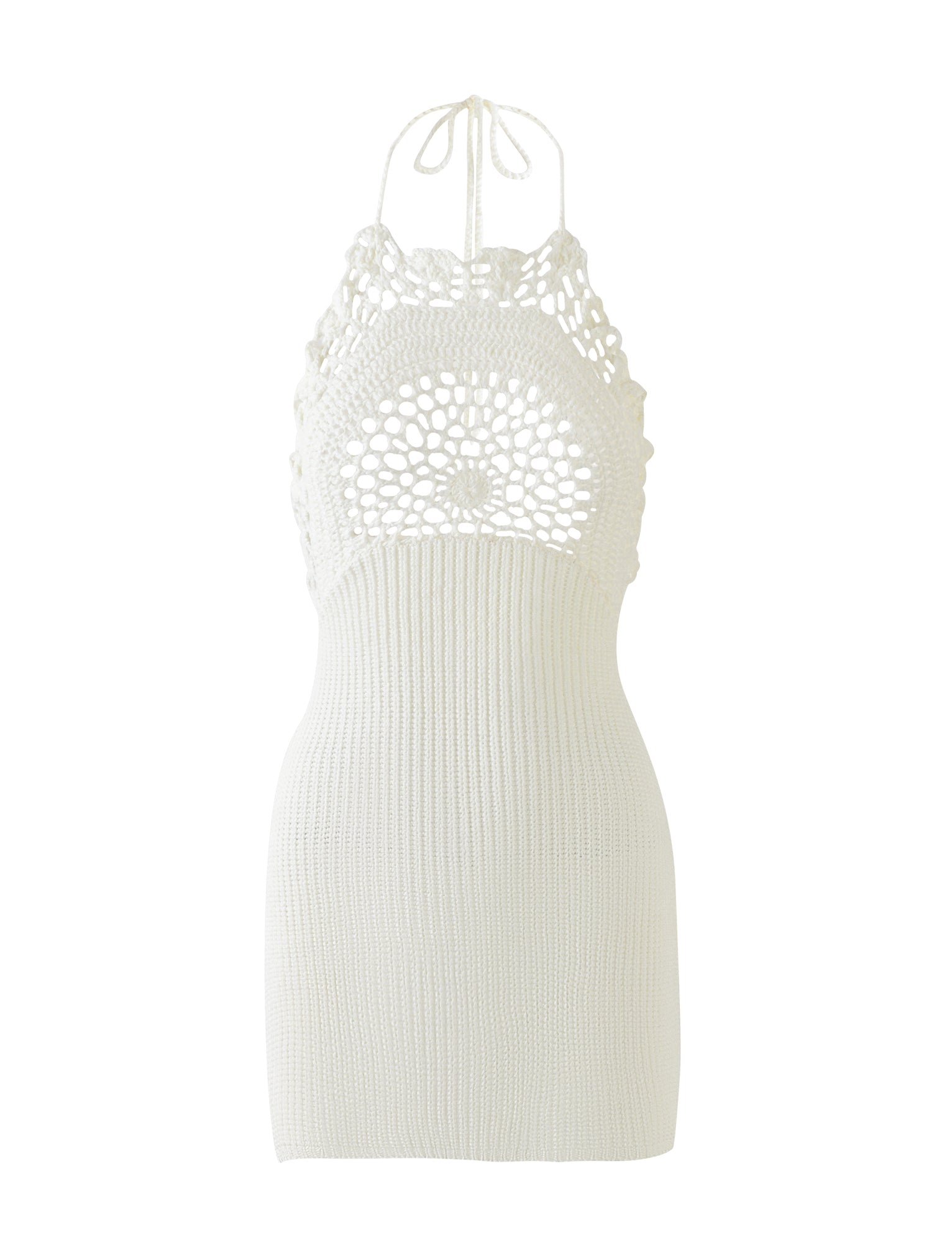 The Maceline Dress in white by TigerMist is a stunning halter dress with intricate lace detailing on the bodice and a ribbed texture on the skirt. Reminiscent of TigerMist's bold style, this fitted dress features a tie at the neckline.