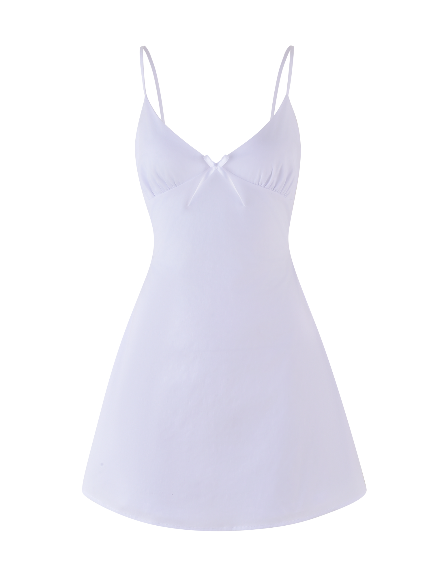 The TIGERMIST WINNIE MINI DRESS - WHITE features thin adjustable straps and a small bow at the V-shaped neckline, shown against a plain background.